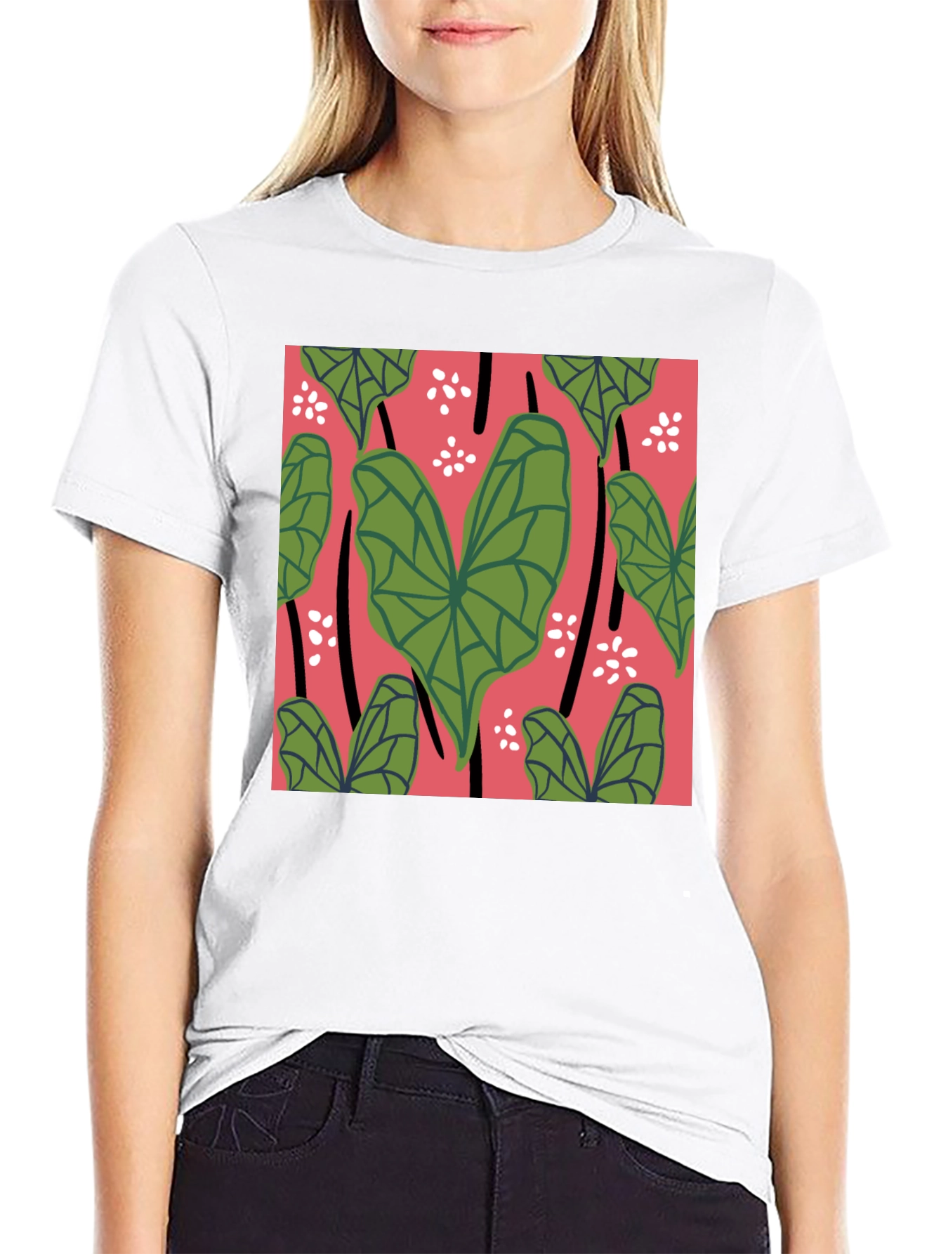 Tropical Leaves Graphic Tee - Black Cotton Shirt
