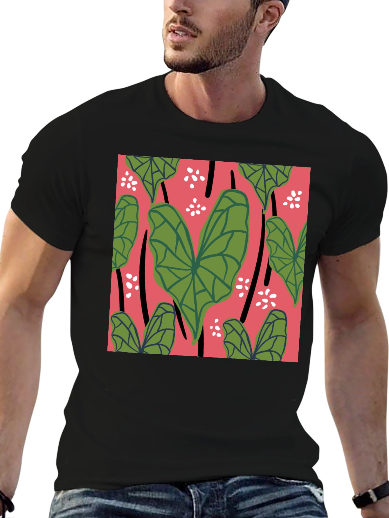 Tropical Leaves Graphic Tee - Black Cotton Shirt