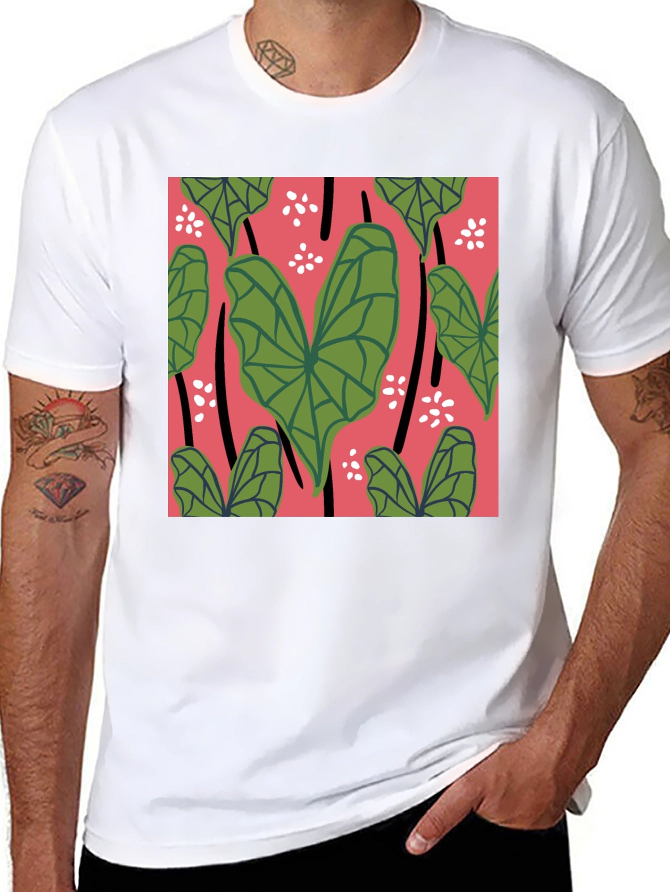 Tropical Leaves Graphic Tee - Black Cotton Shirt