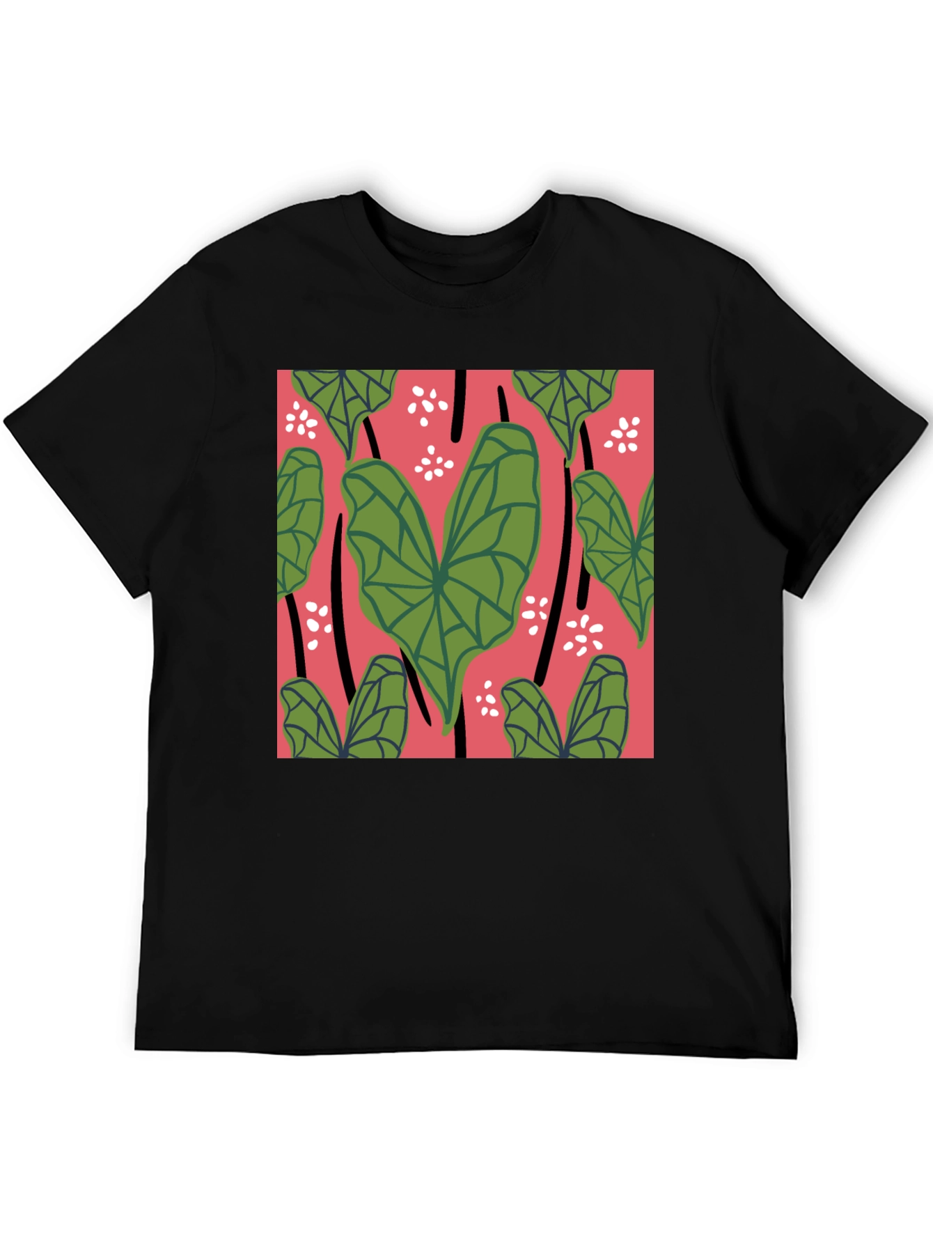Tropical Leaves Graphic Tee - Black Cotton Shirt