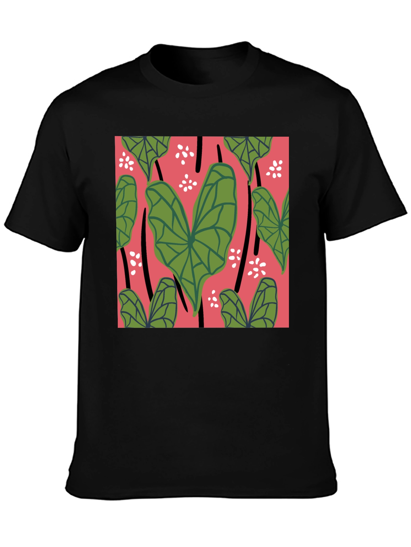 Tropical Leaves Graphic Tee - Black Cotton Shirt