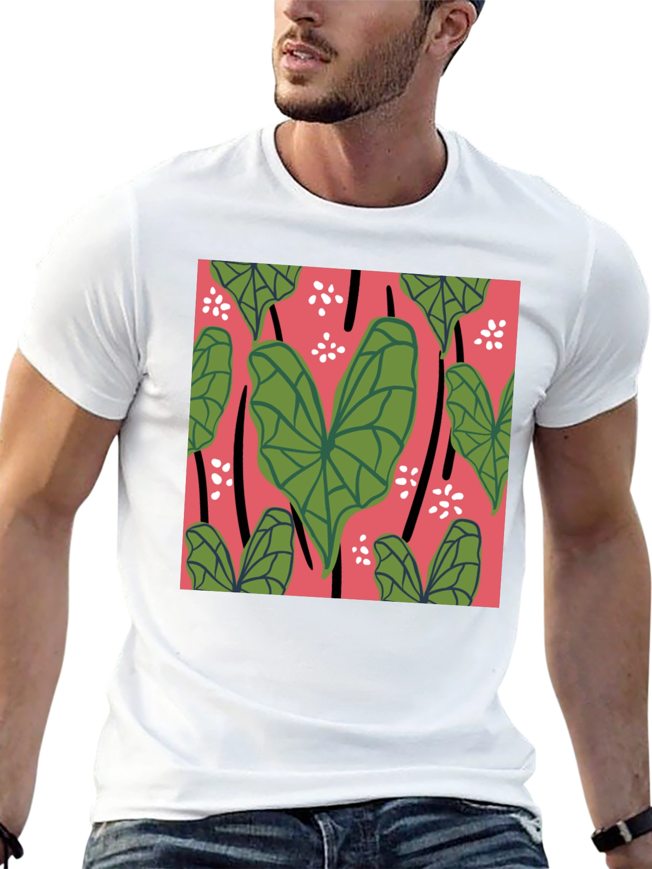 Tropical Leaves Graphic Tee - Black Cotton Shirt