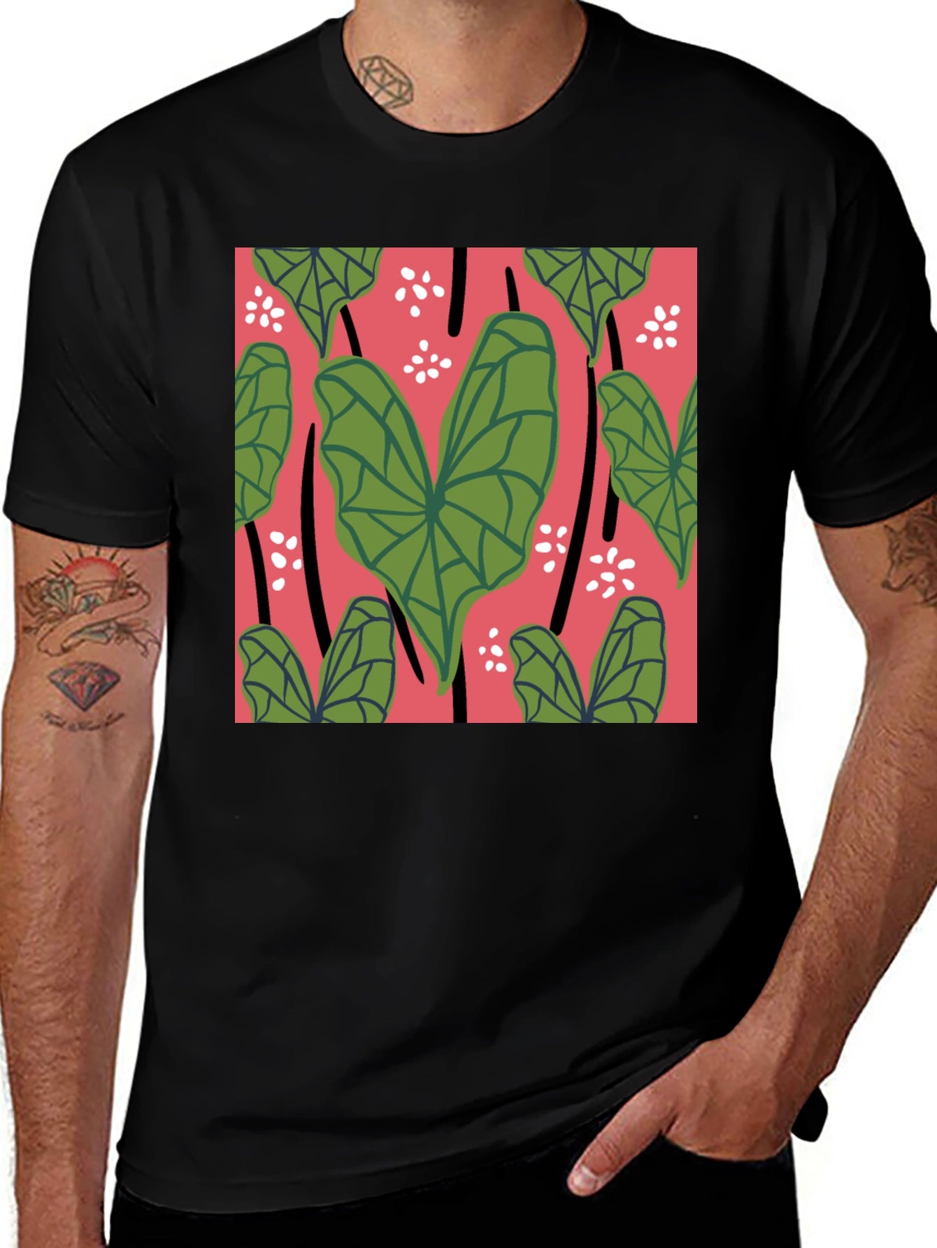 Tropical Leaves Graphic Tee - Black Cotton Shirt