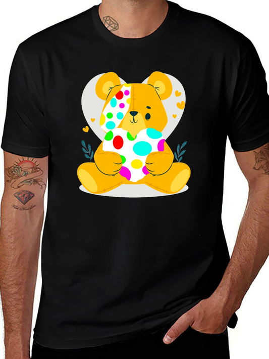 Cute Teddy Bear Holding a Polka Dot Heart Black T-Shirt