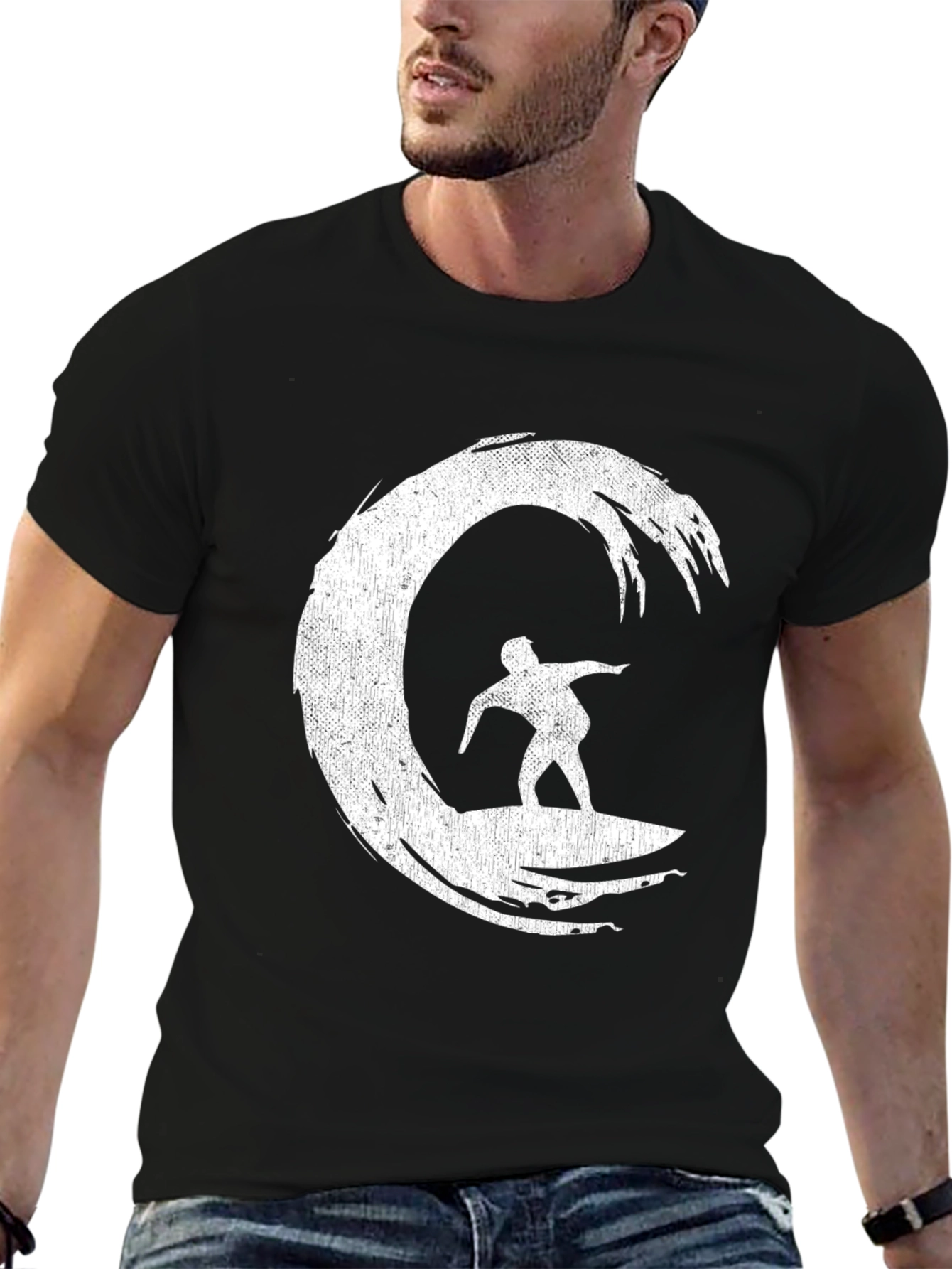 Surfer Wave Graphic Tee - Black Cotton Blend Shirt