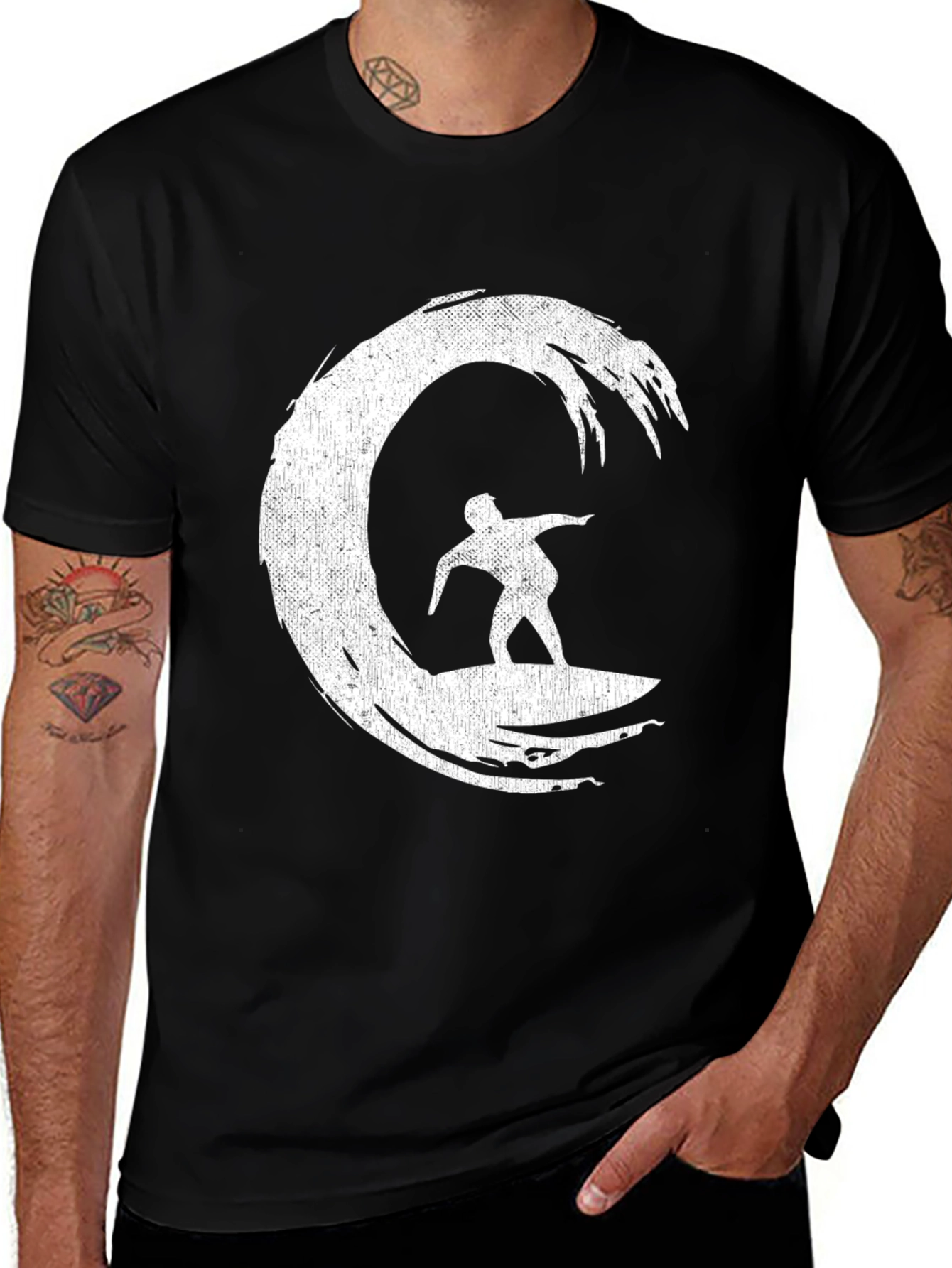 Surfer Wave Graphic Tee - Black Cotton Blend Shirt