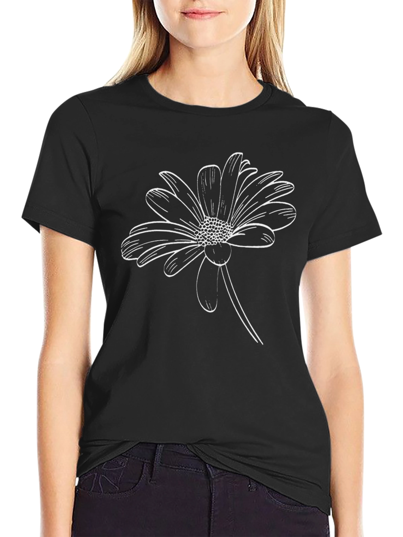 Black T-Shirt with White Daisy Graphic
