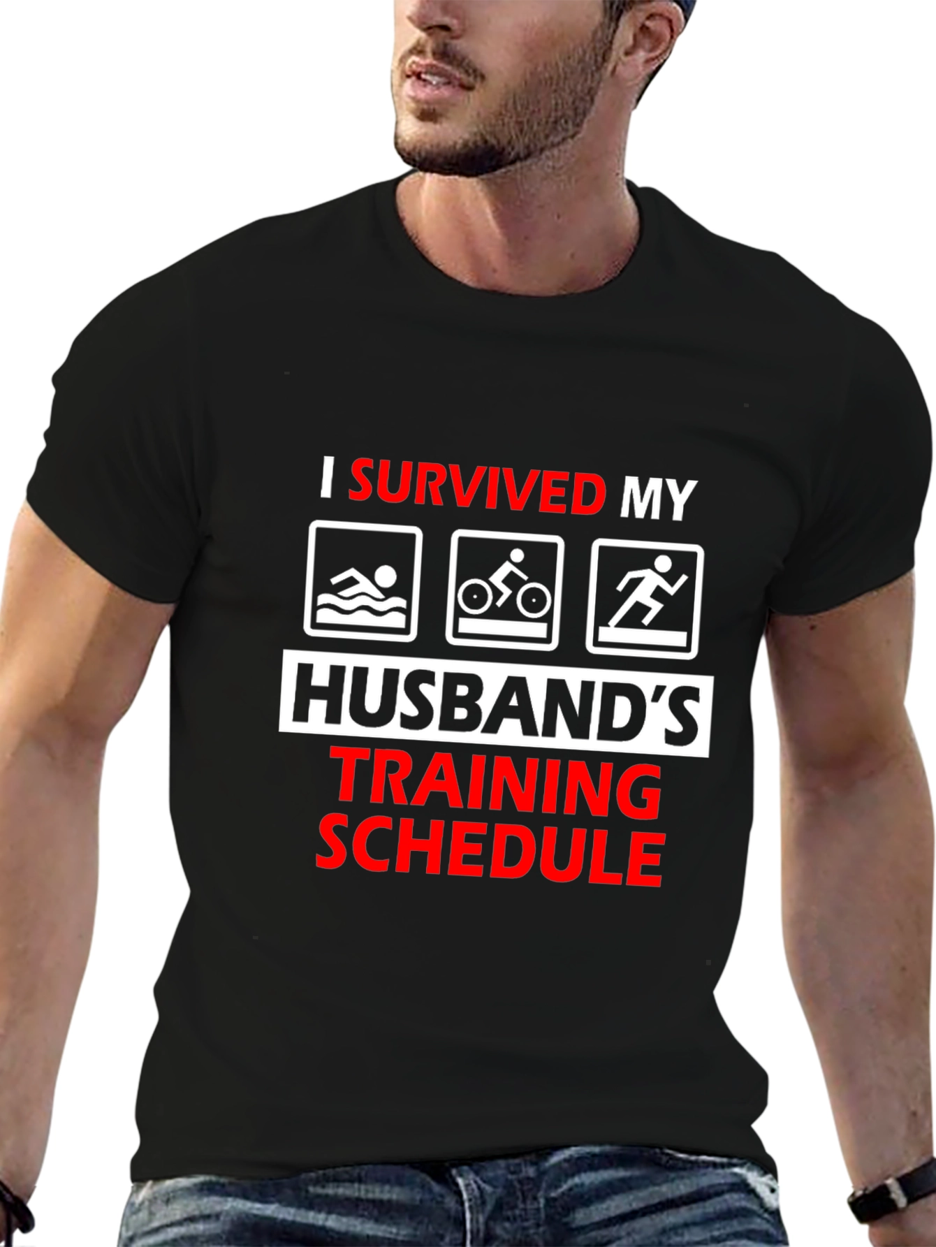Humorous I Survived Husbands Triathlon Training T-Shirt