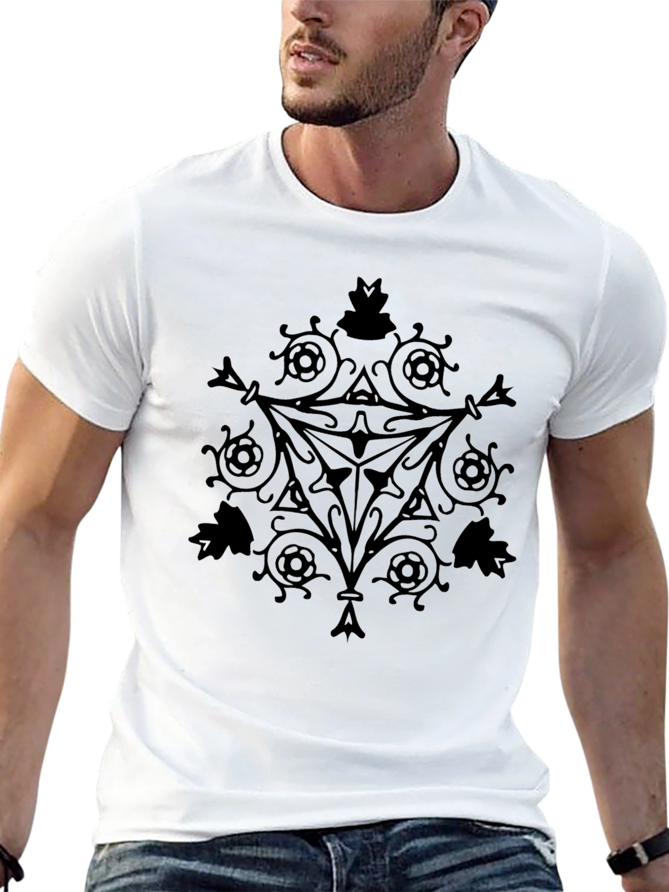 Black Geometric Print Crew Neck T-Shirt