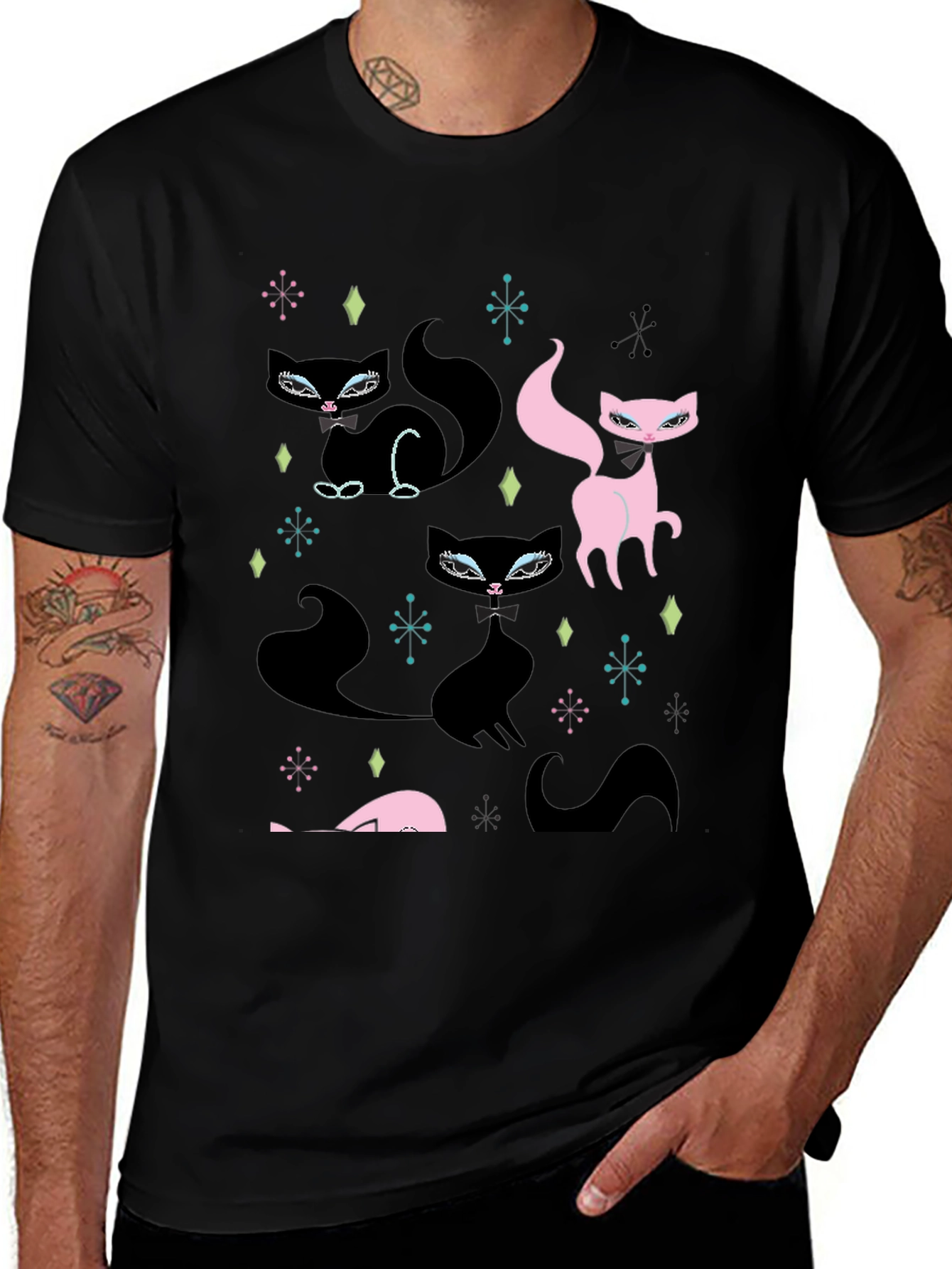Retro Cat Pattern Black T-Shirt