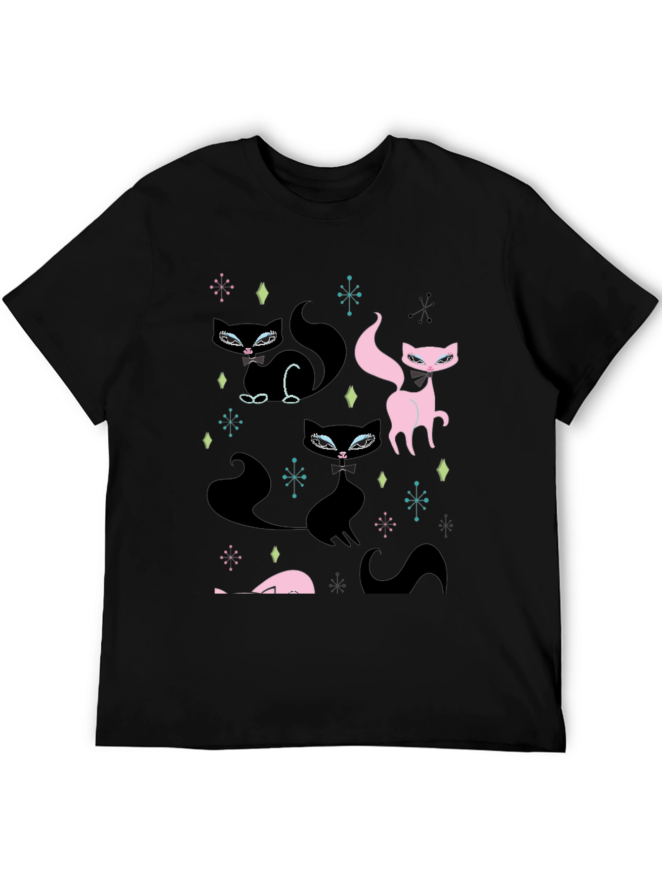 Retro Cat Pattern Black T-Shirt