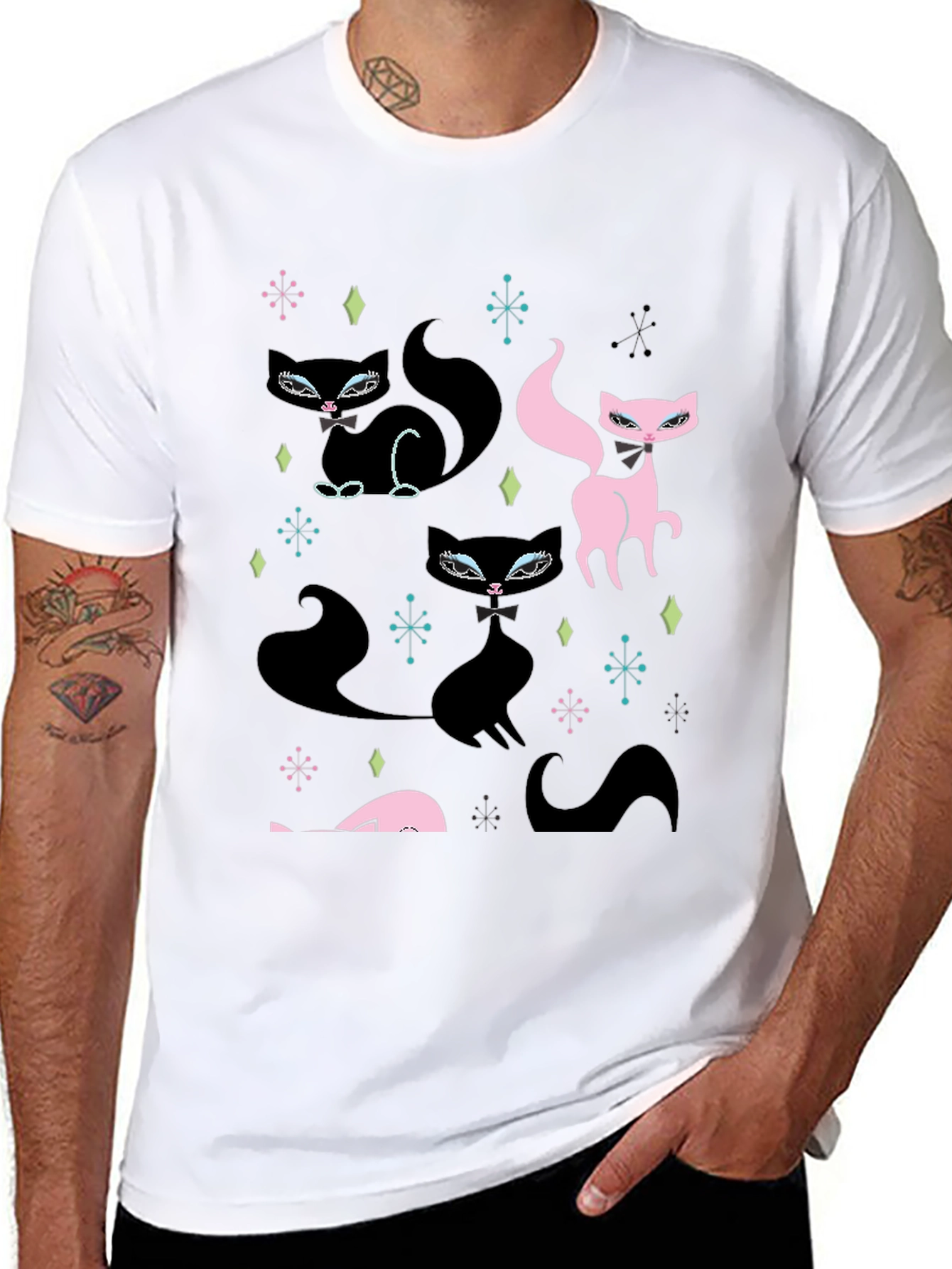 Retro Cat Pattern Black T-Shirt