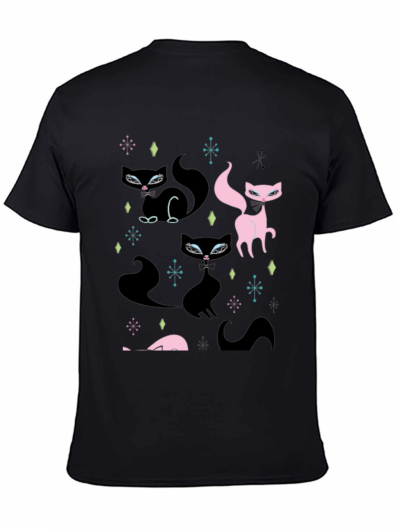 Retro Cat Pattern Black T-Shirt