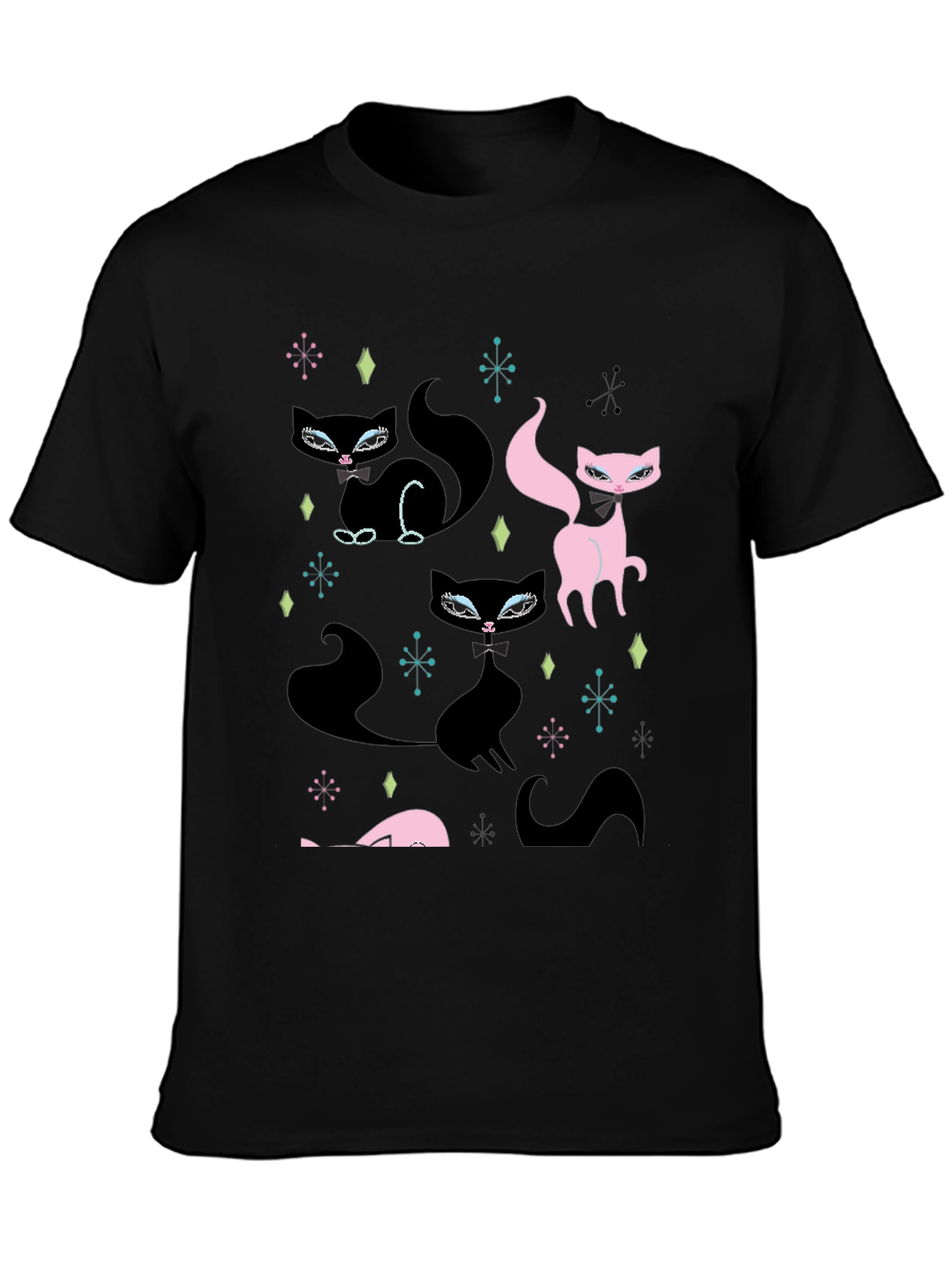 Retro Cat Pattern Black T-Shirt