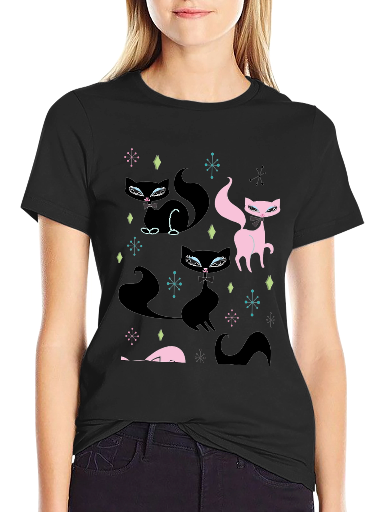 Retro Cat Pattern Black T-Shirt