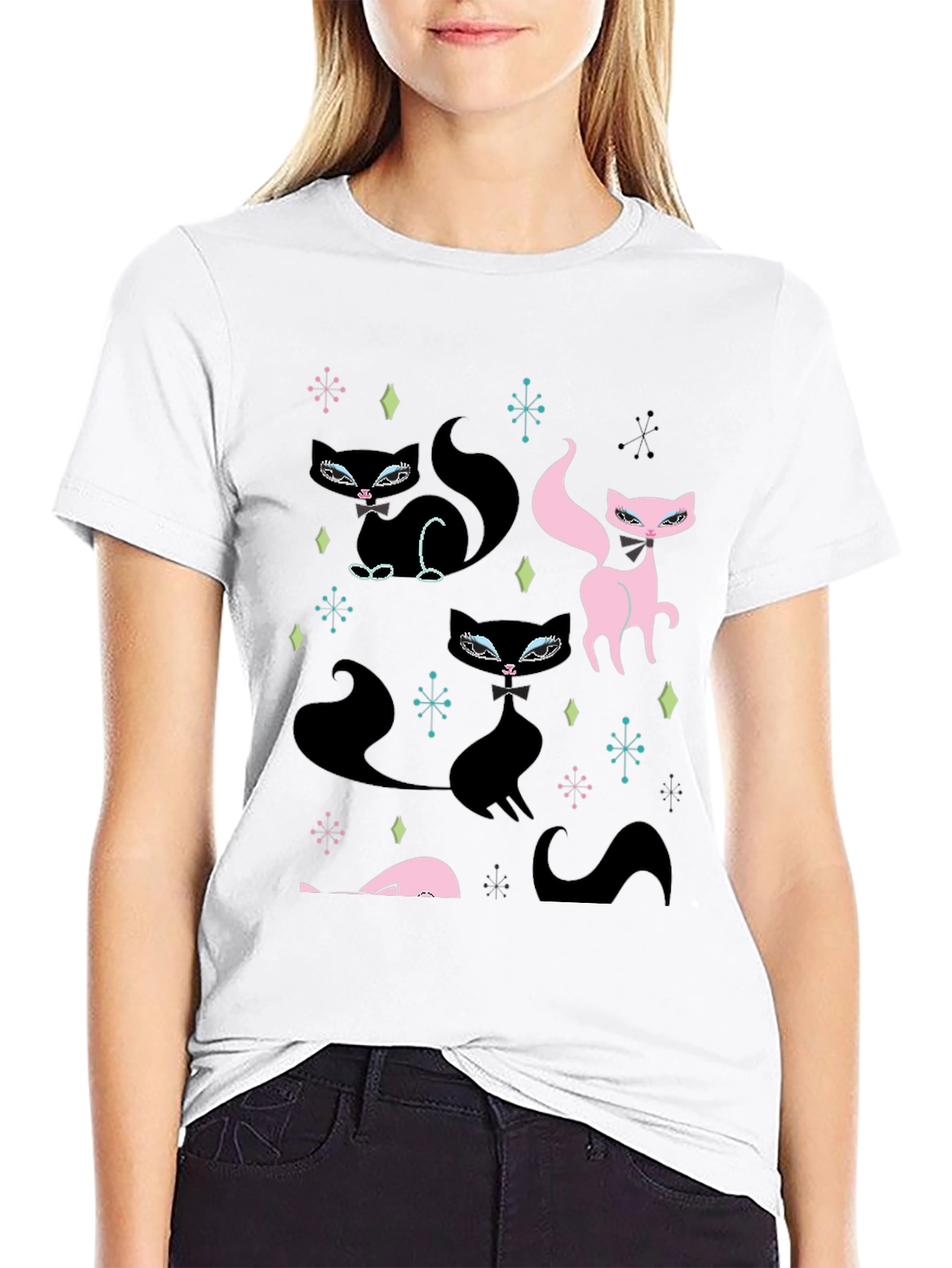 Retro Cat Pattern Black T-Shirt