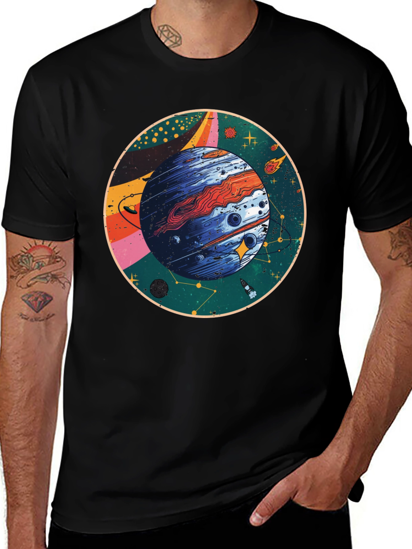 Cosmic Planet Graphic T-Shirt - Black Crew Neck Tee