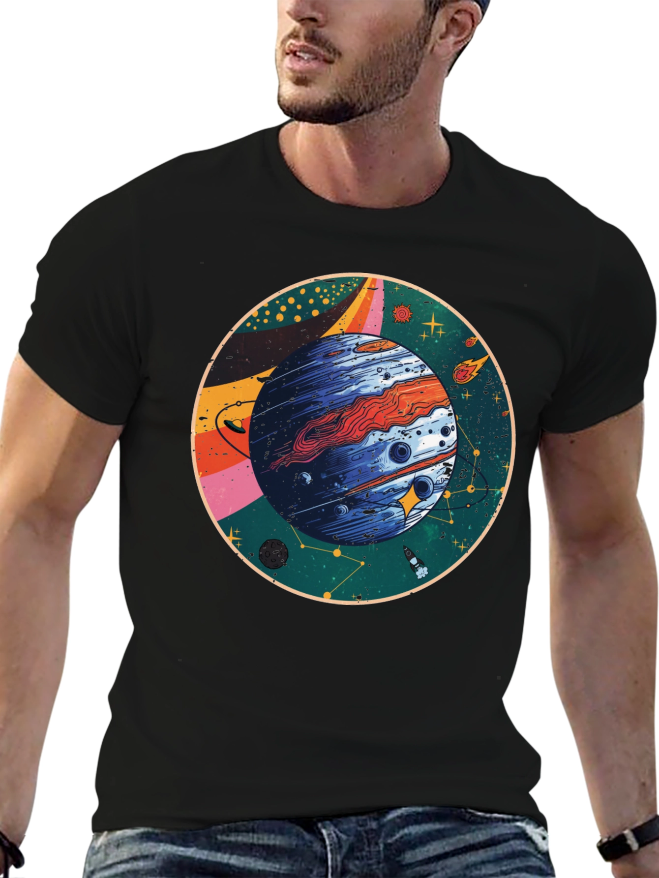 Cosmic Planet Graphic T-Shirt - Black Crew Neck Tee