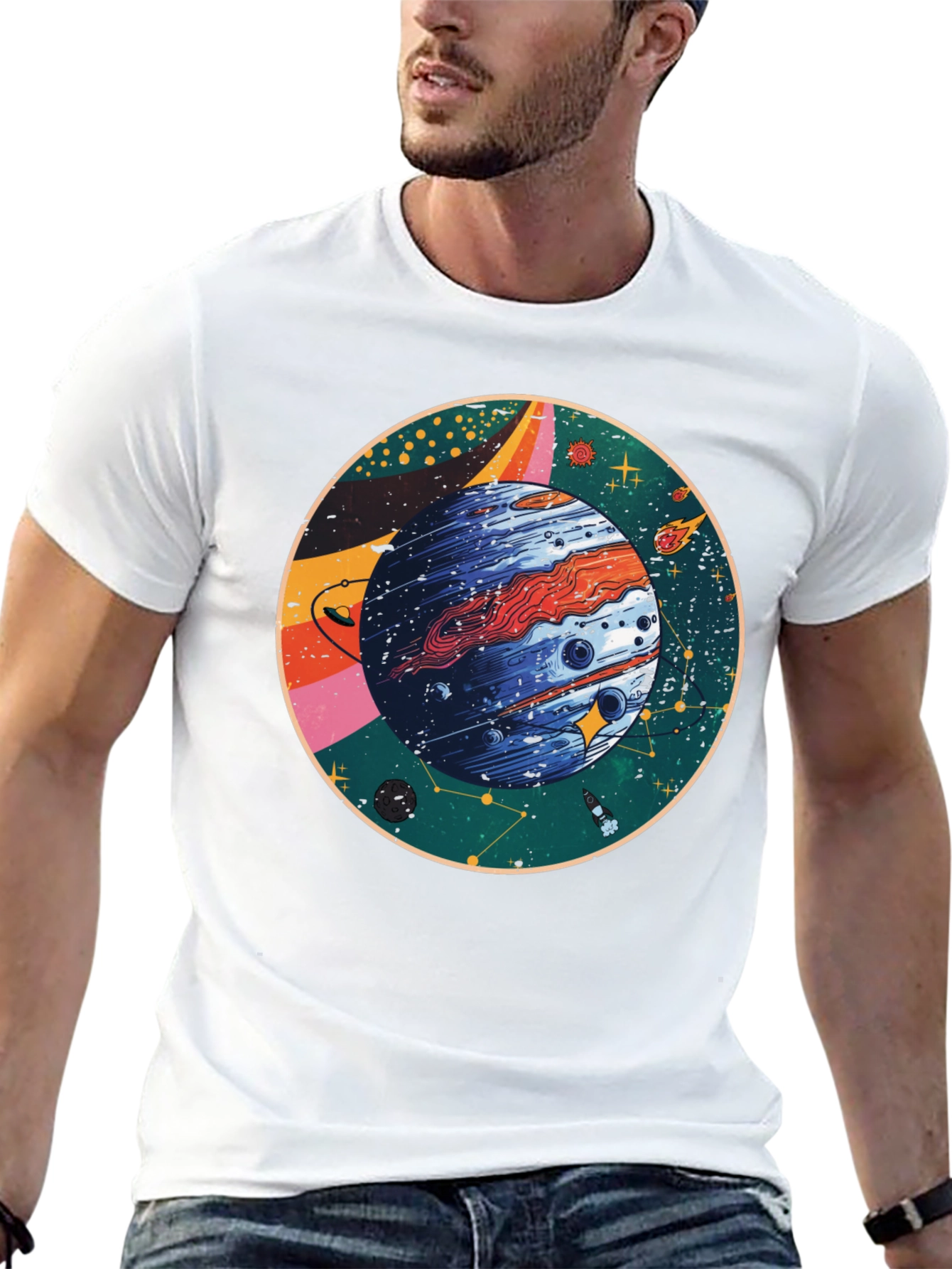 Cosmic Planet Graphic T-Shirt - Black Crew Neck Tee