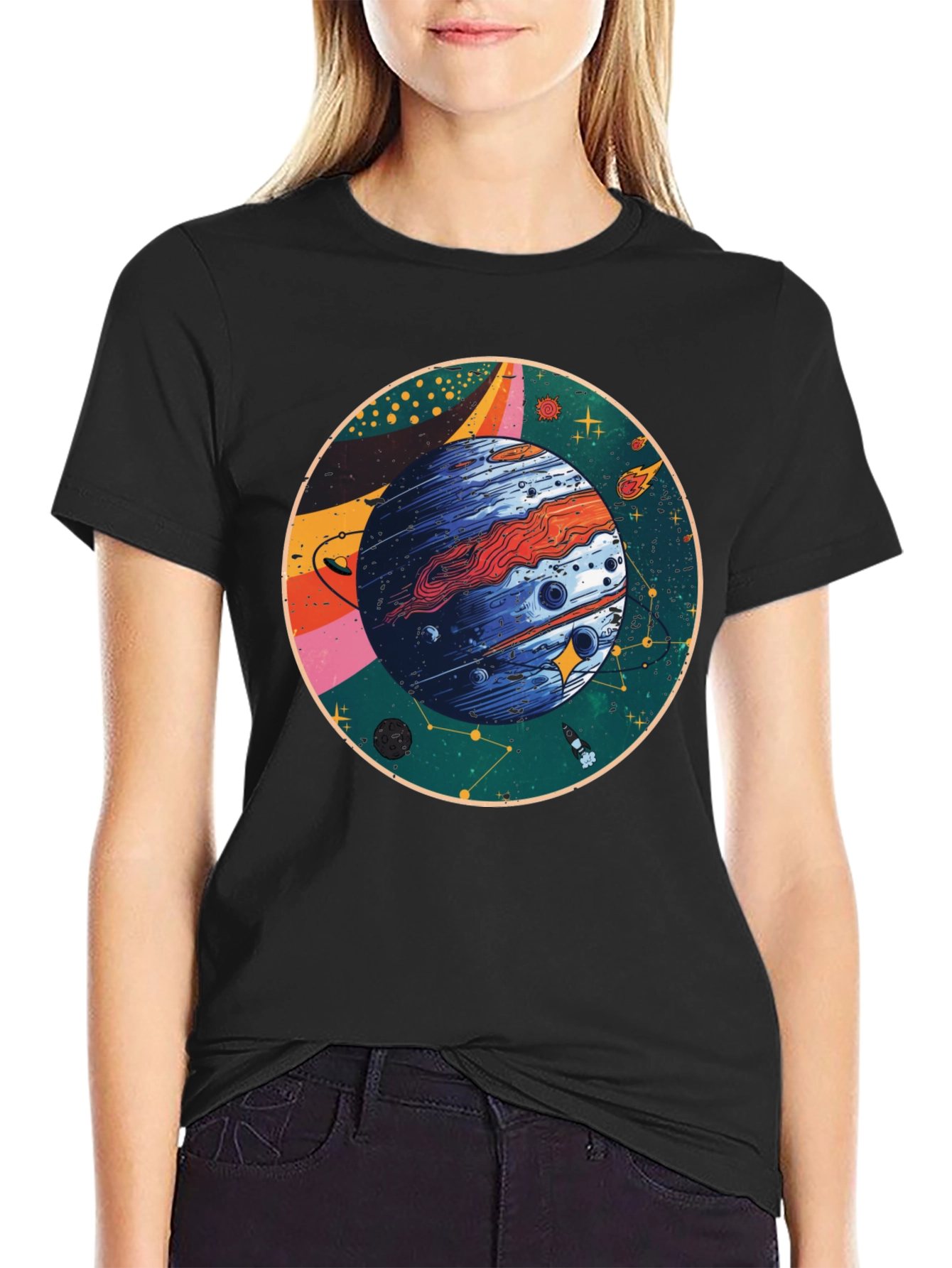 Cosmic Planet Graphic T-Shirt - Black Crew Neck Tee