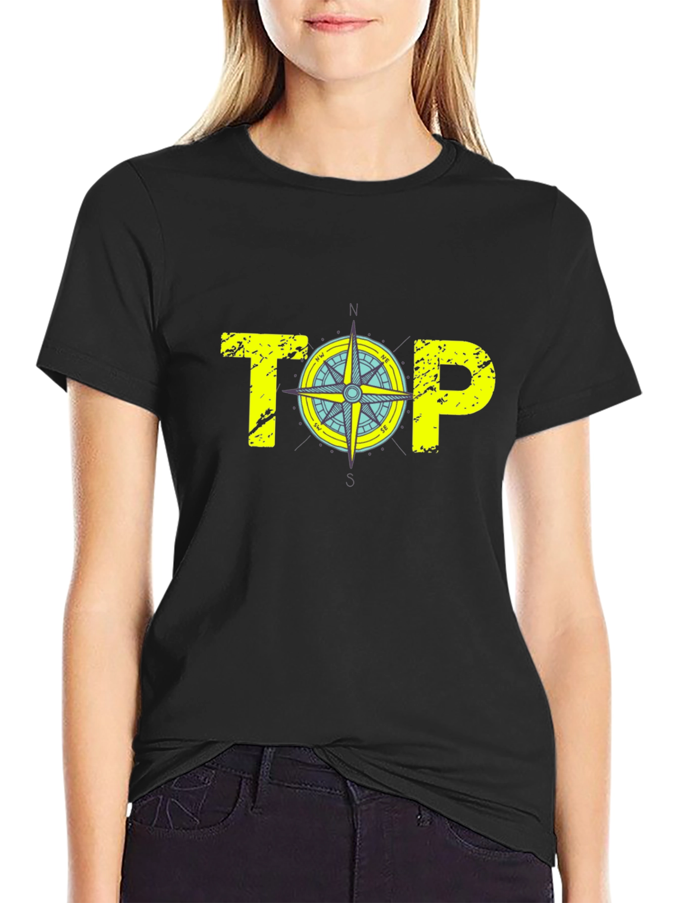 Mens Black Graphic T-Shirt - Compass Top Design