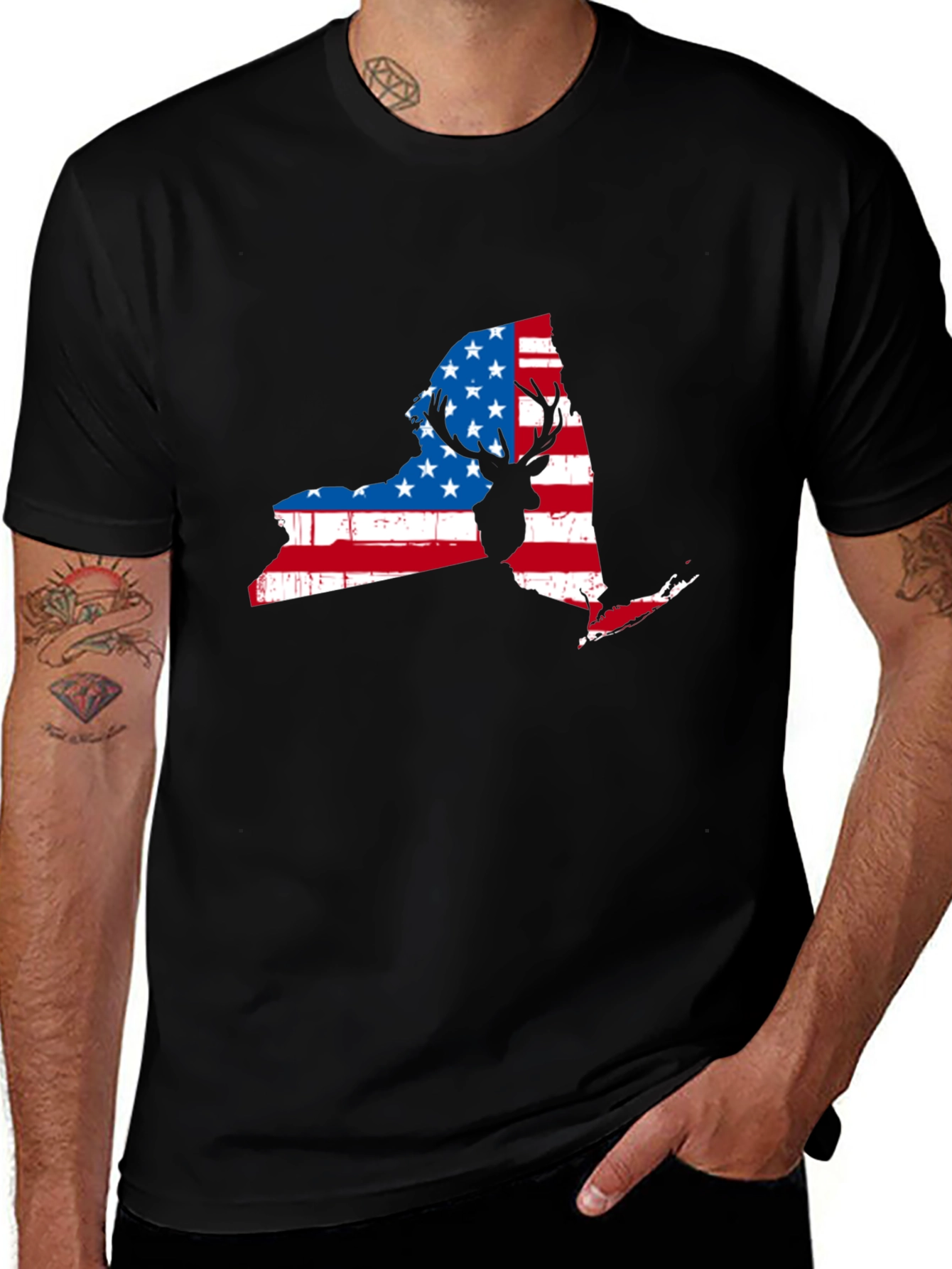New York Deer American Flag Mens T-Shirt