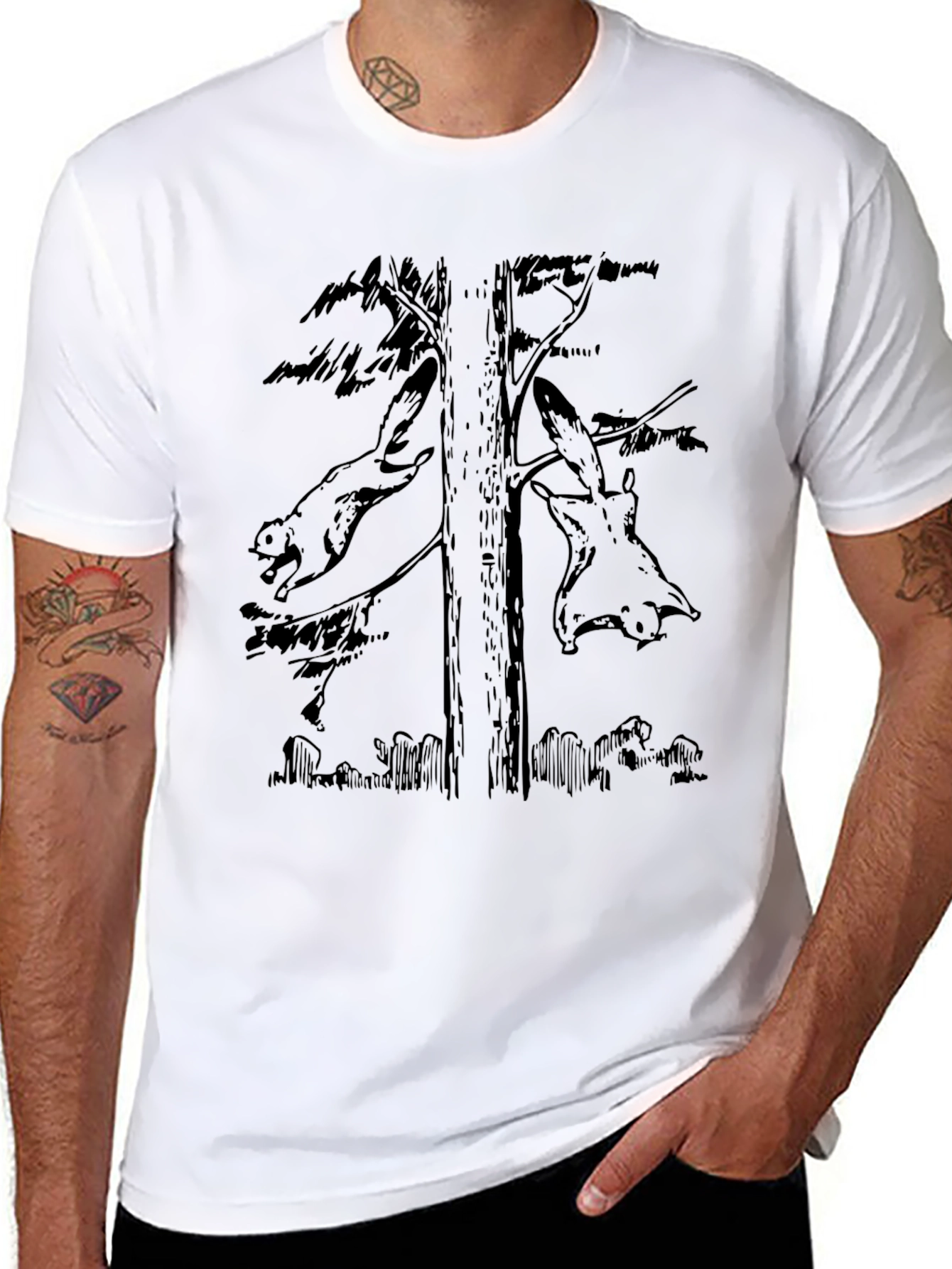 Flying Squirrels Tree Graphic Black T-Shirt