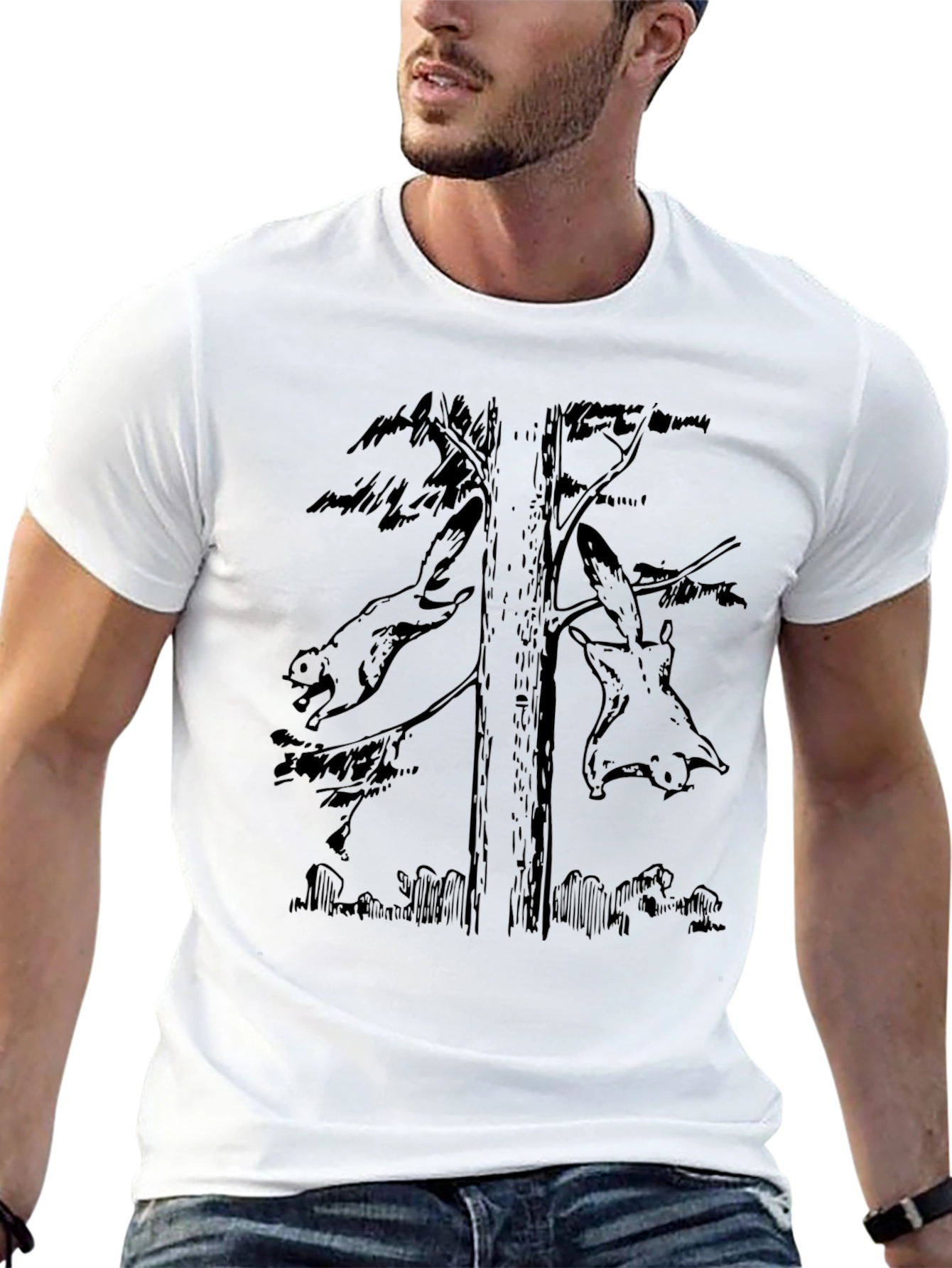 Flying Squirrels Tree Graphic Black T-Shirt