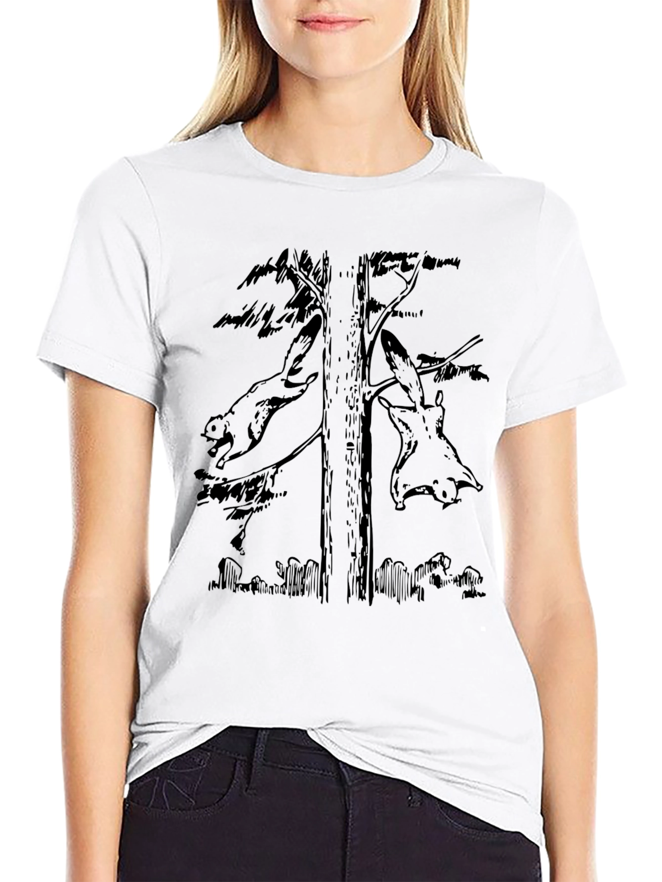Flying Squirrels Tree Graphic Black T-Shirt
