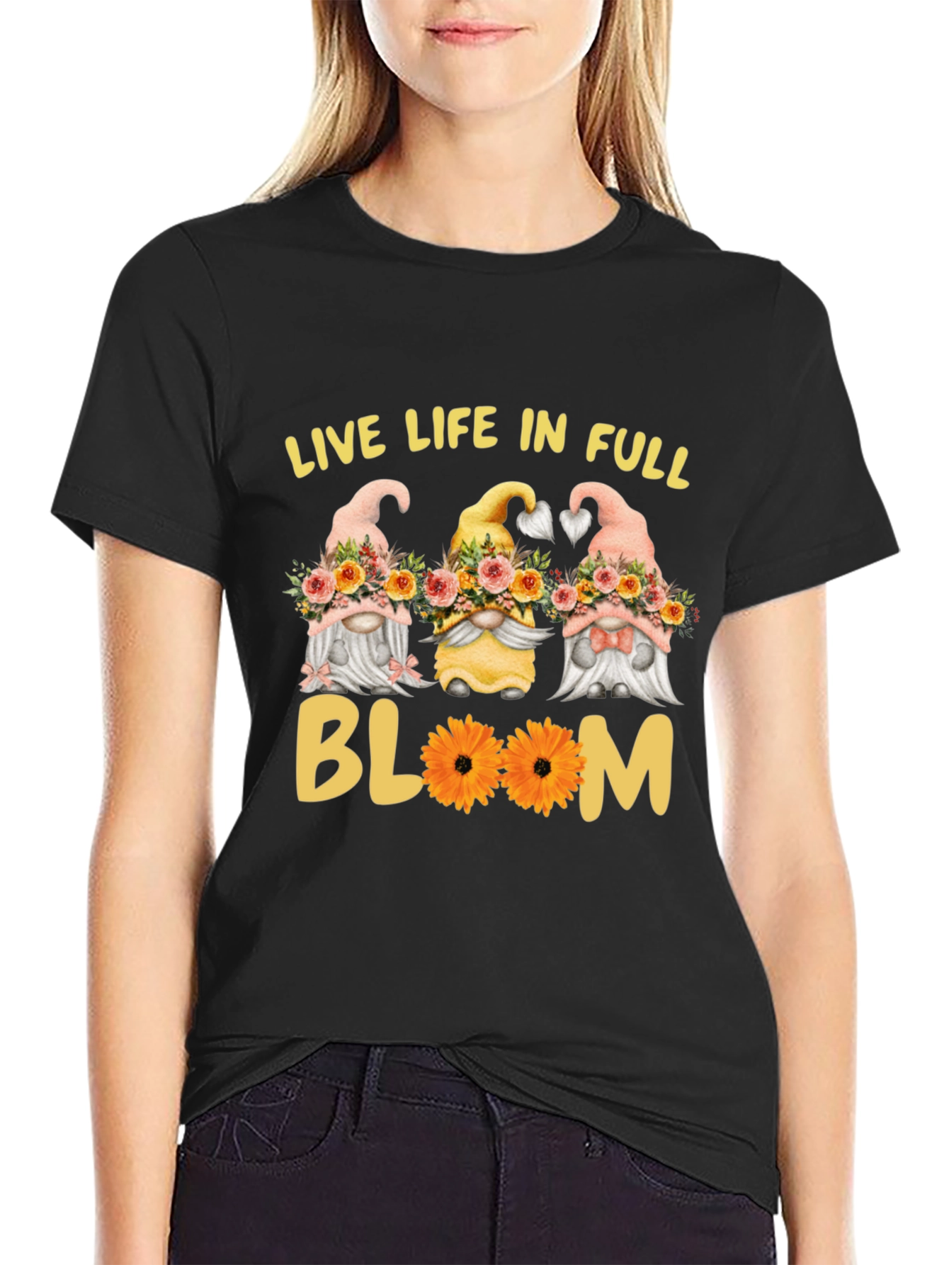 Live Life in Full Bloom Gnomes Graphic Tee