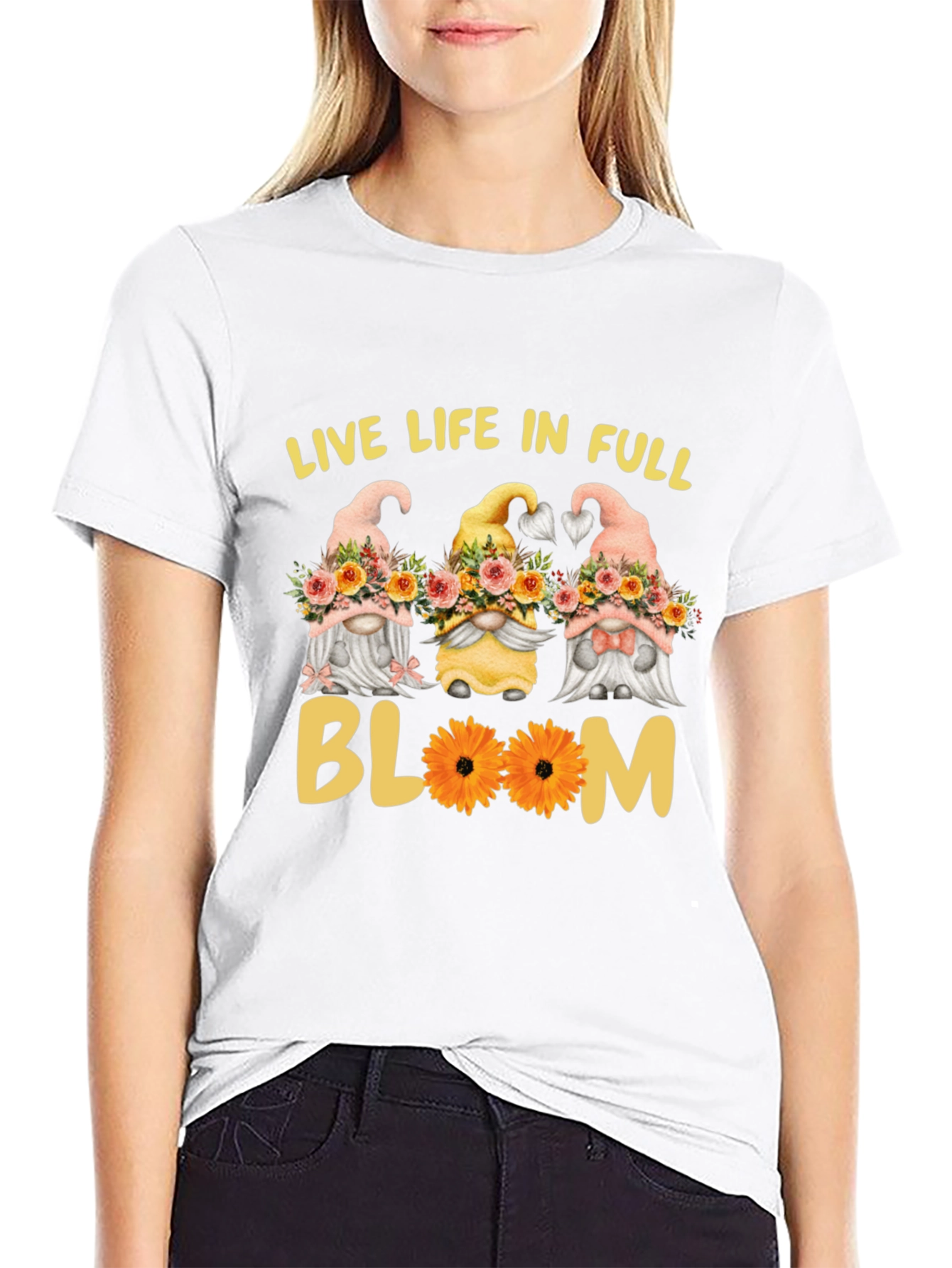Live Life in Full Bloom Gnomes Graphic Tee