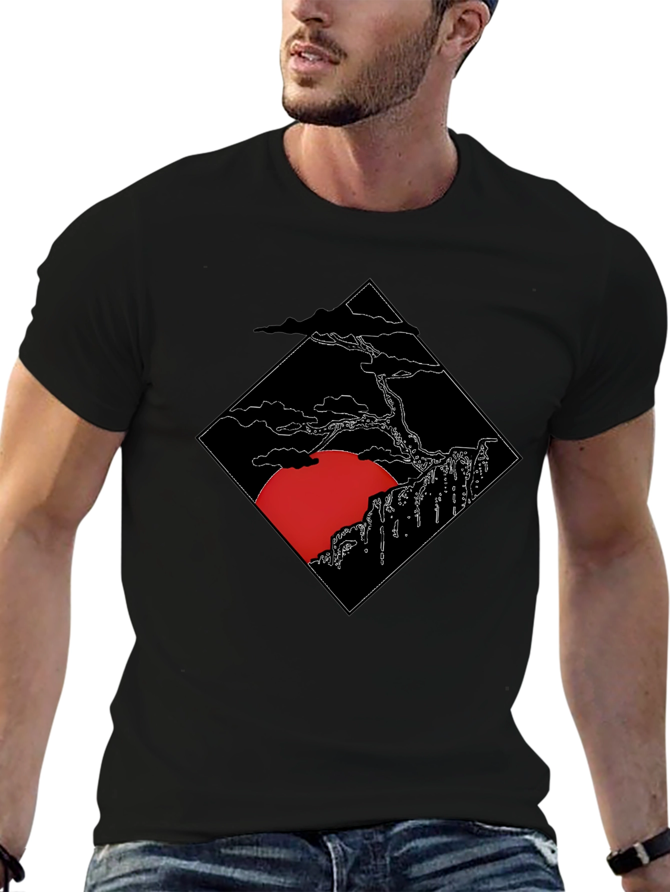 Mens Black T-Shirt with Japanese Sunset Design