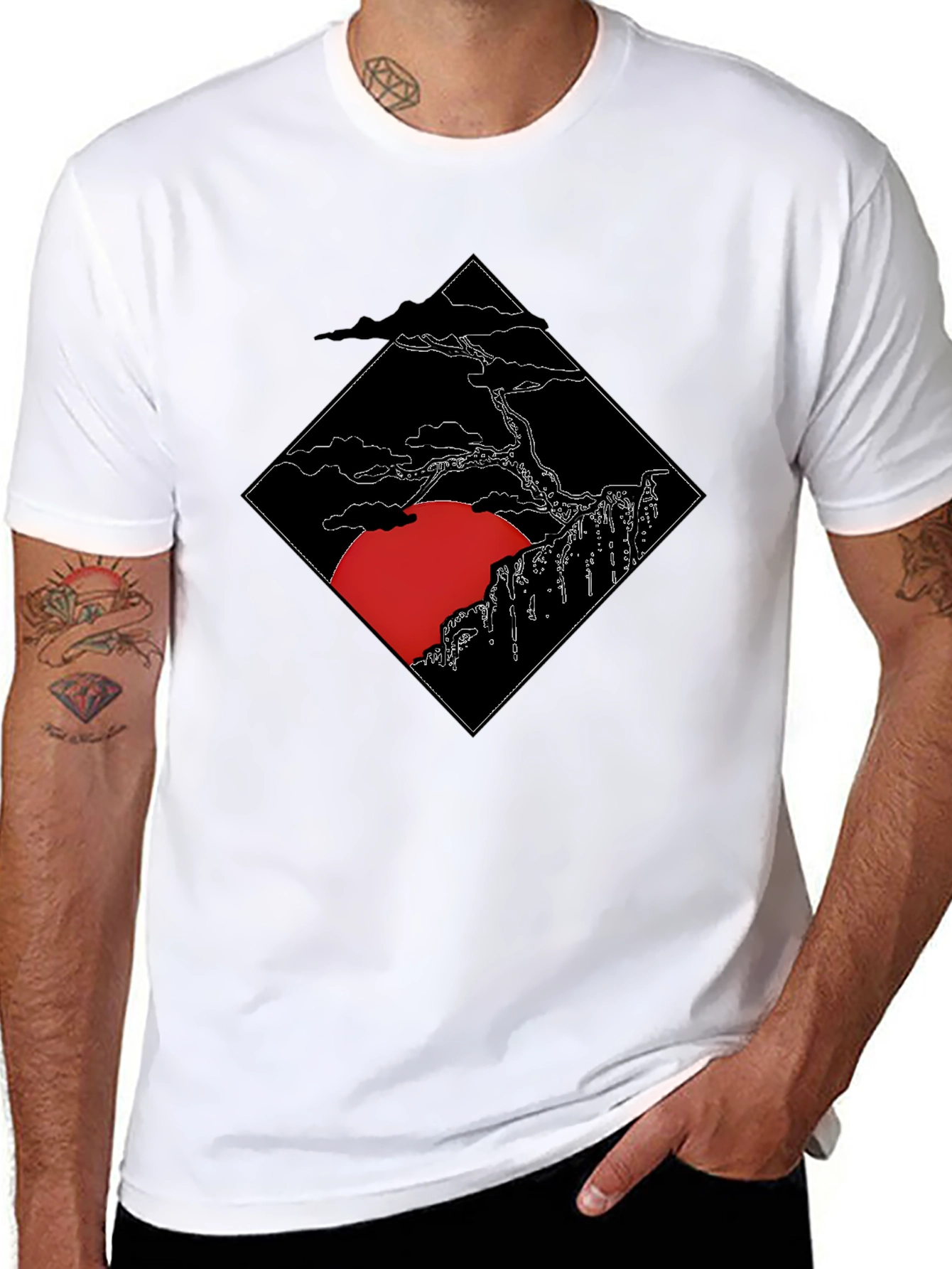 Mens Black T-Shirt with Japanese Sunset Design