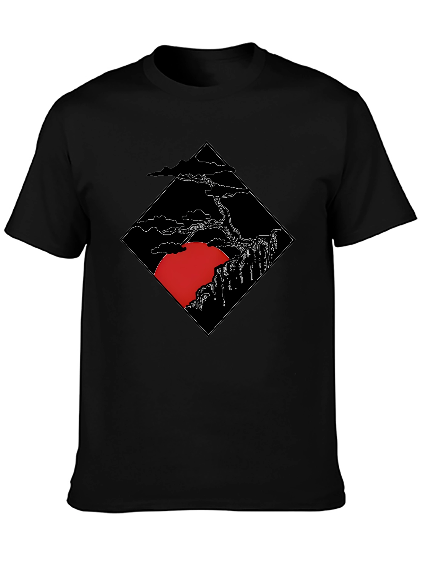 Mens Black T-Shirt with Japanese Sunset Design