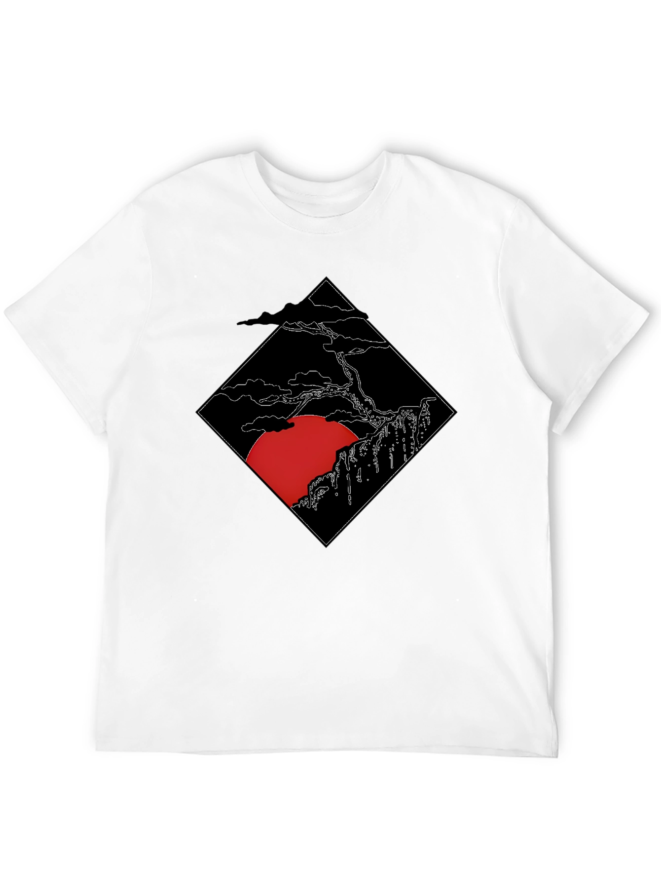Mens Black T-Shirt with Japanese Sunset Design