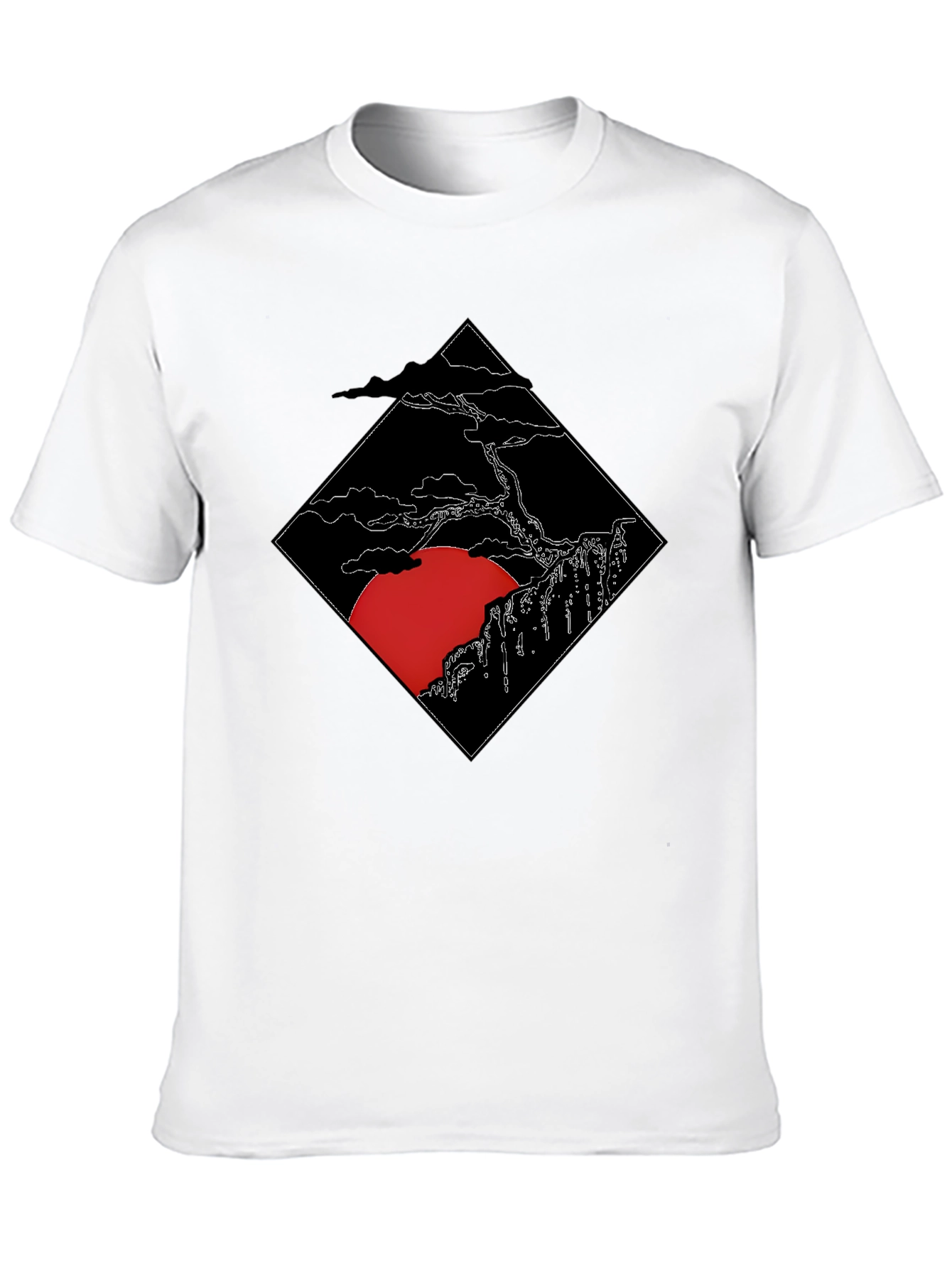 Mens Black T-Shirt with Japanese Sunset Design