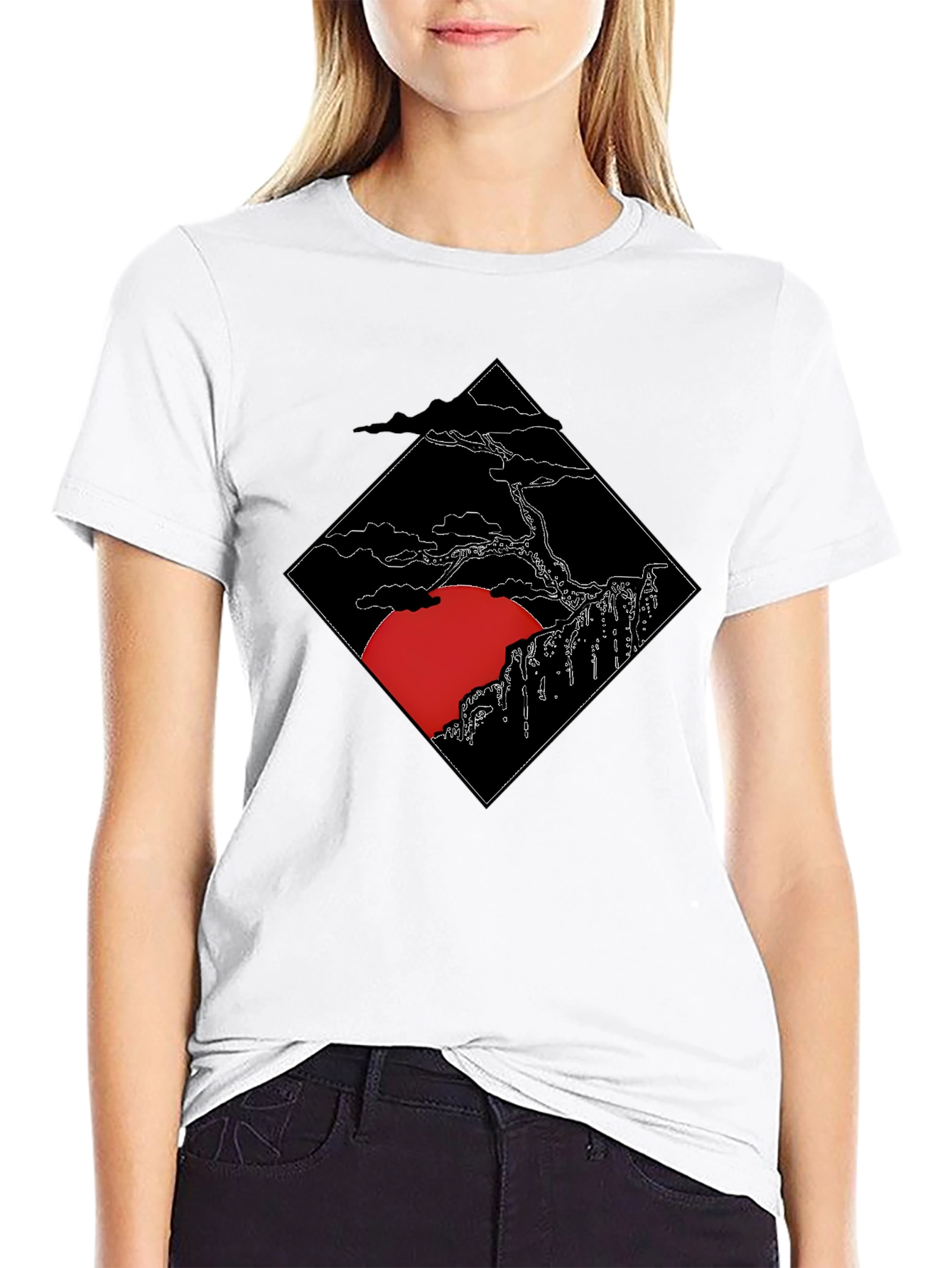 Mens Black T-Shirt with Japanese Sunset Design
