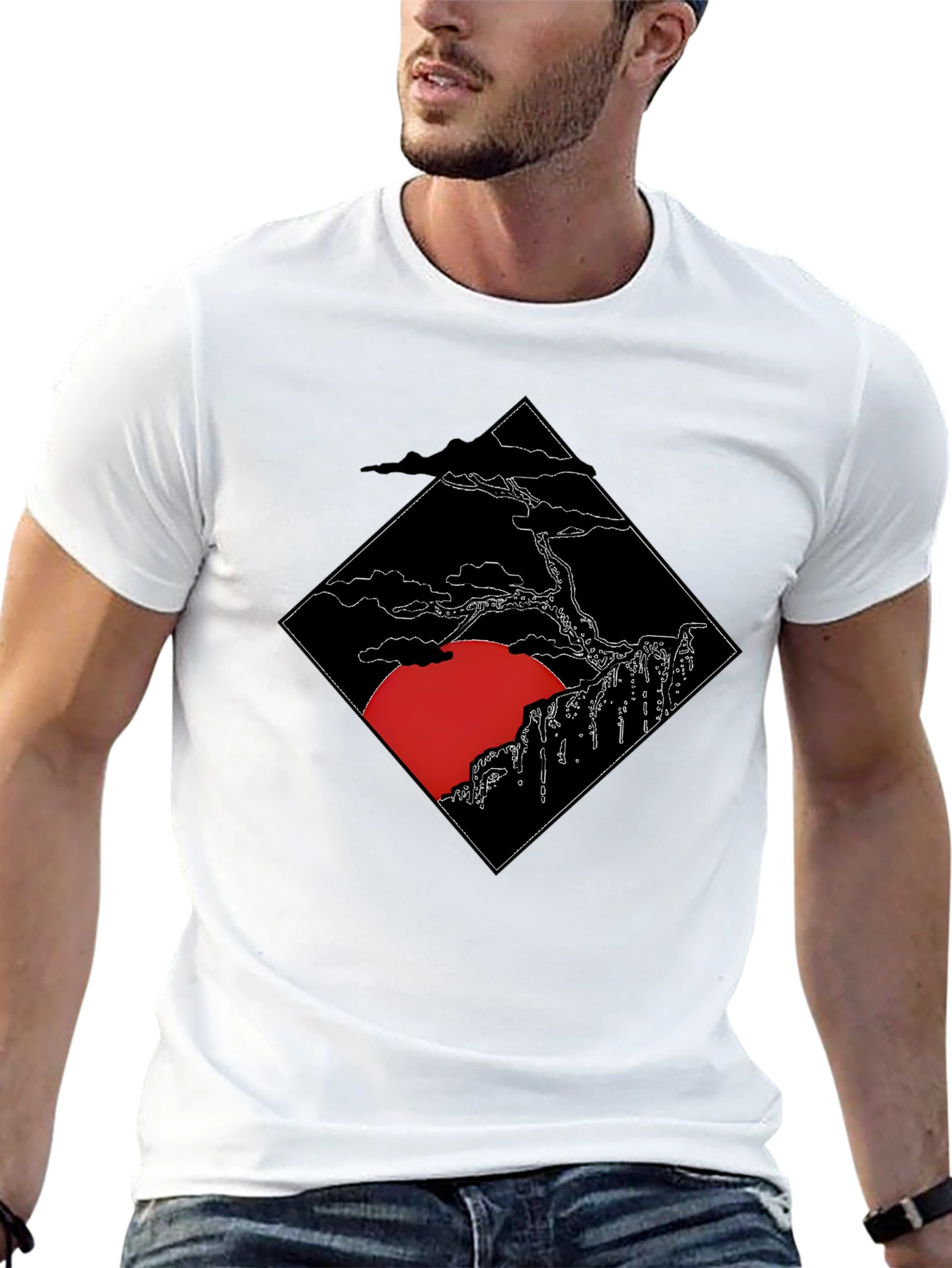 Mens Black T-Shirt with Japanese Sunset Design