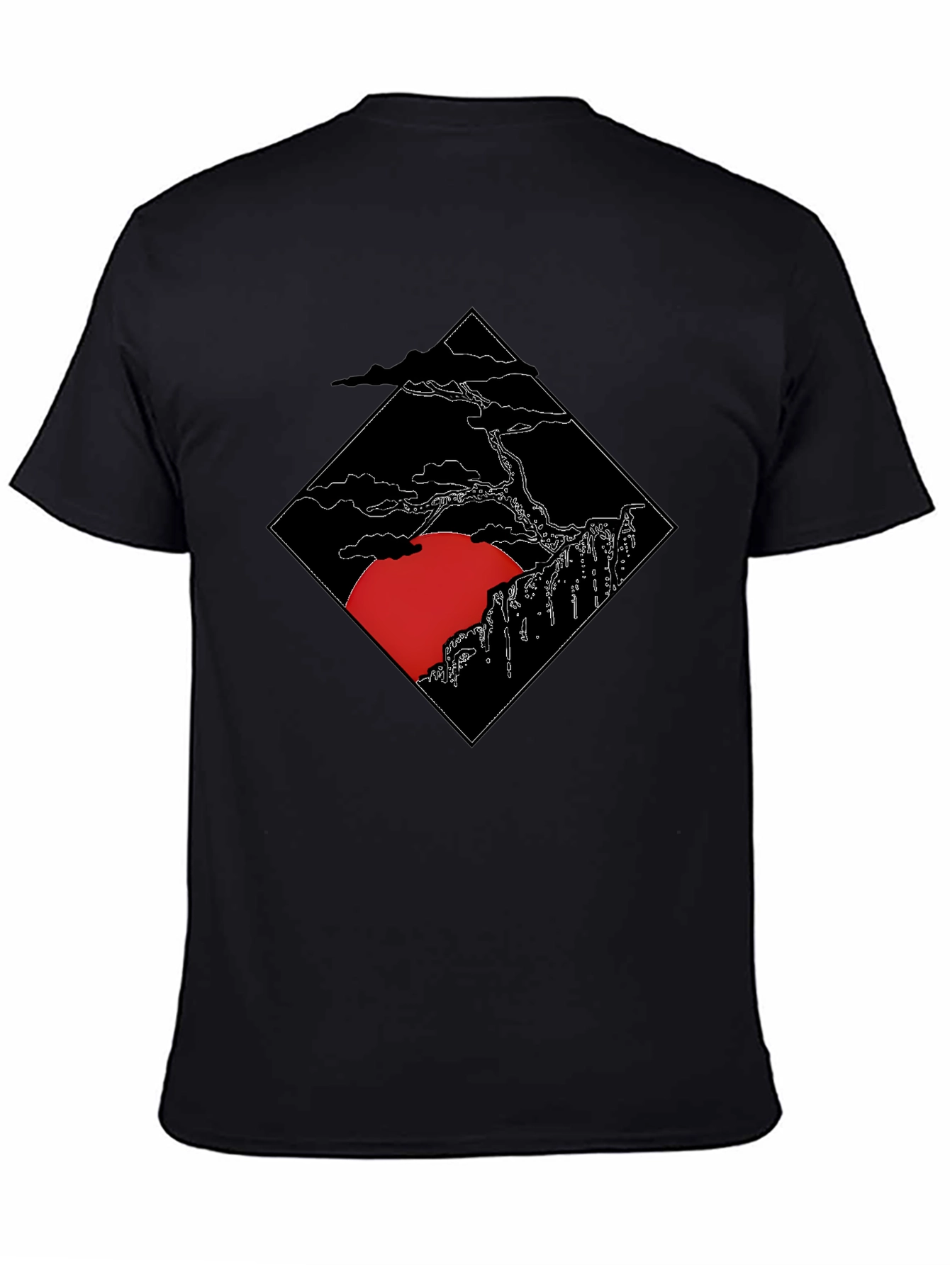Mens Black T-Shirt with Japanese Sunset Design