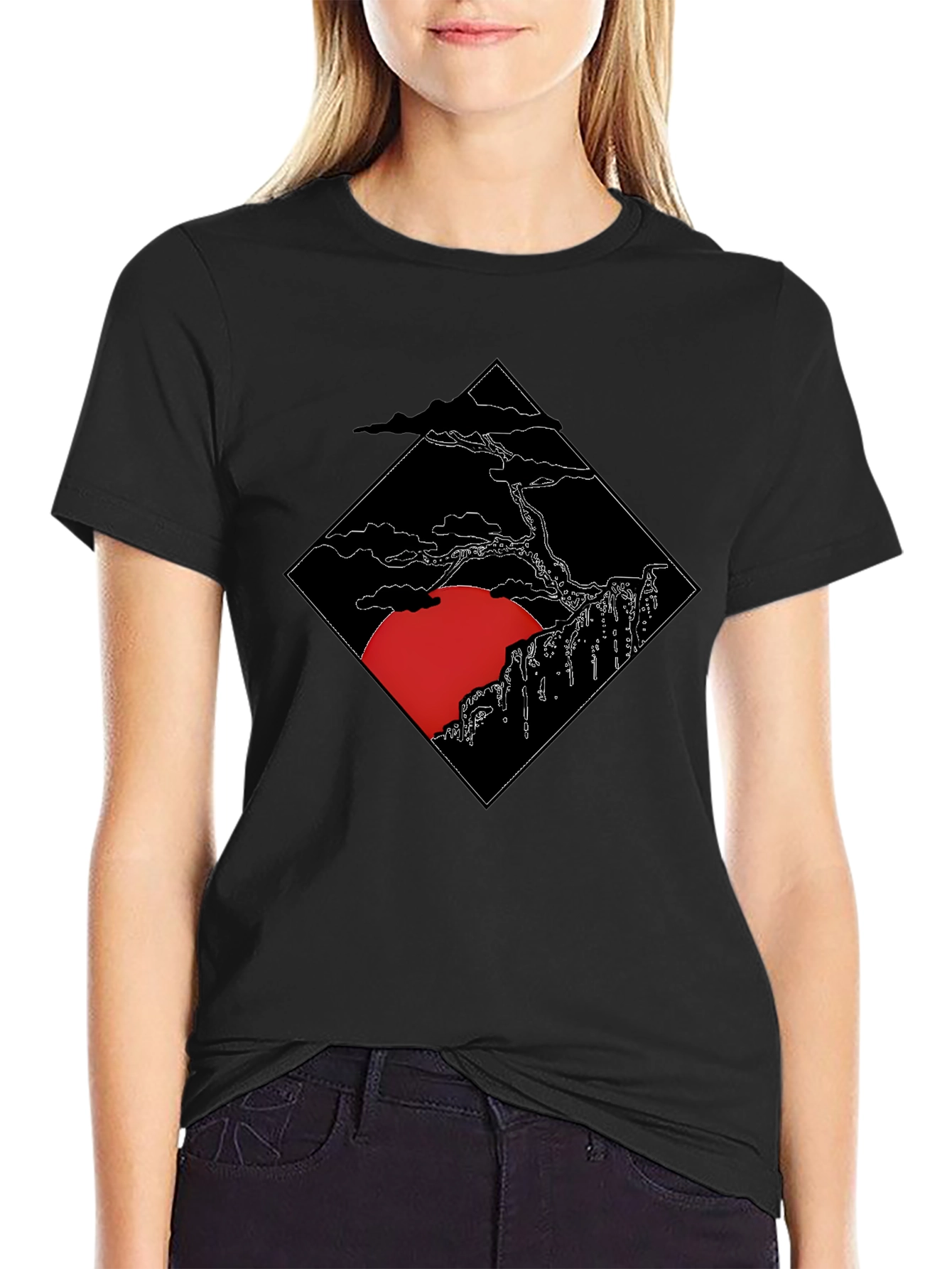 Mens Black T-Shirt with Japanese Sunset Design