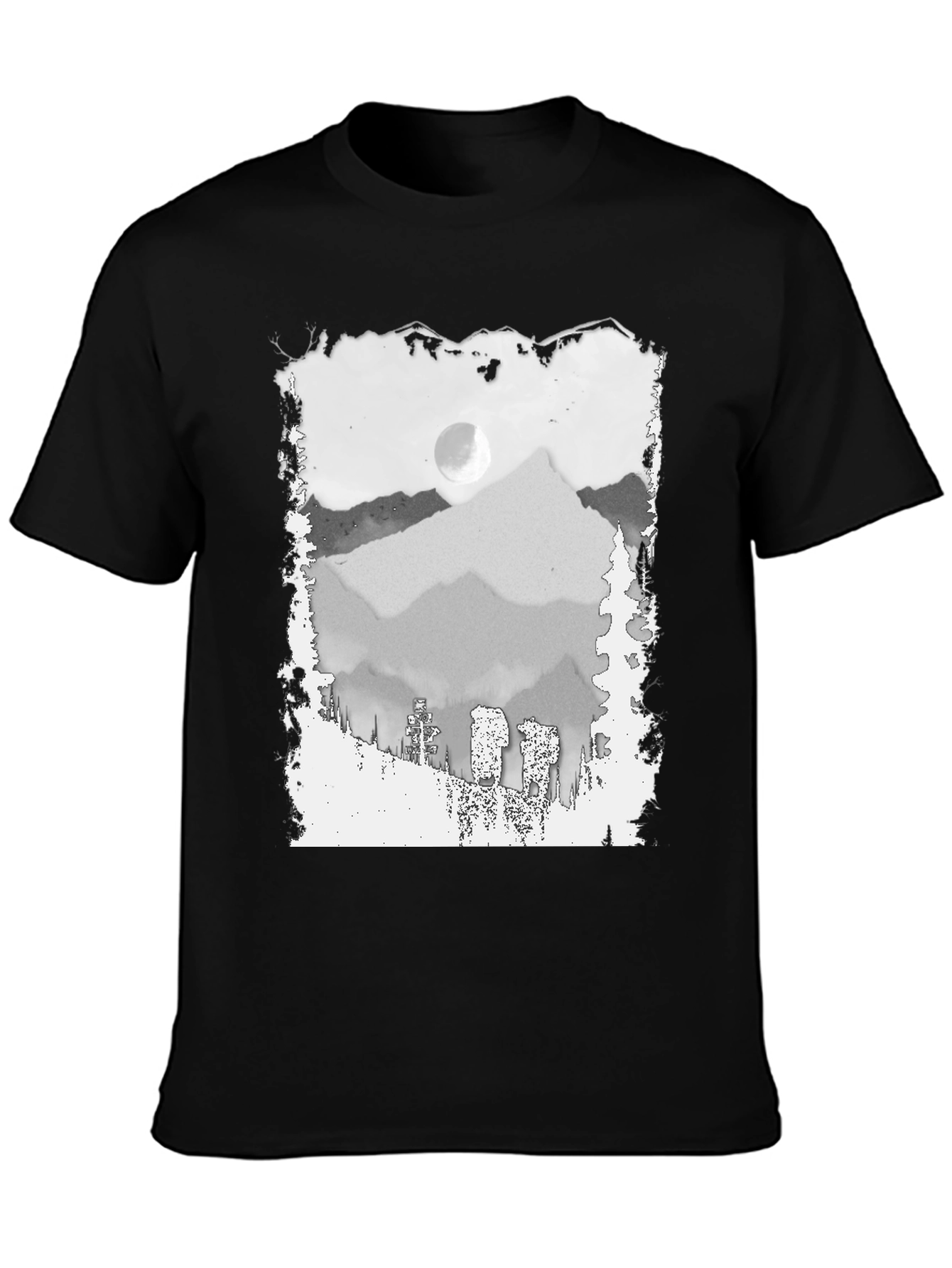 Mountain Scene Graphic Tee - Trendy Black T-Shirt