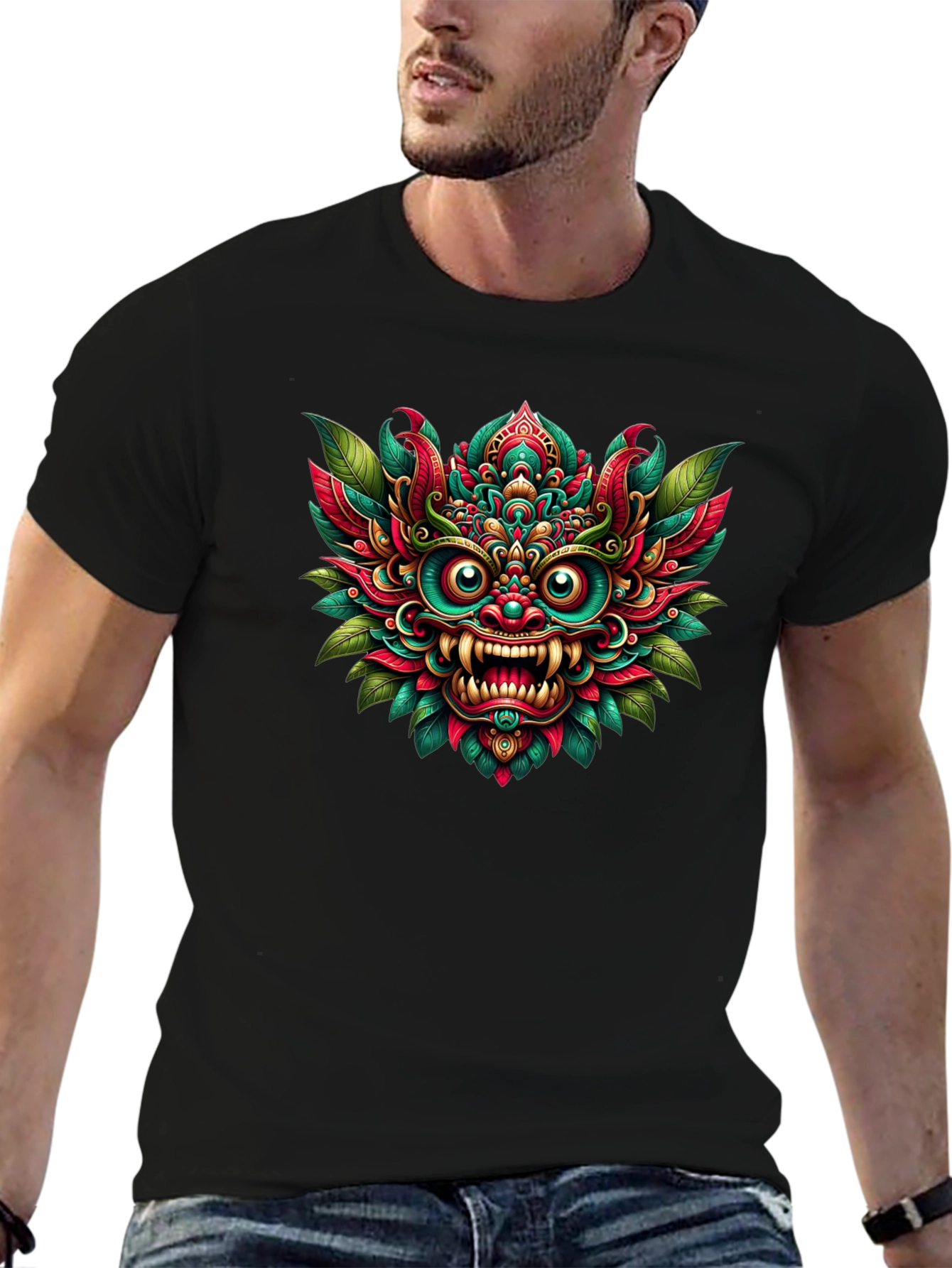 Vibrant Bali Mask Graphic Tee - Unisex Black T-Shirt