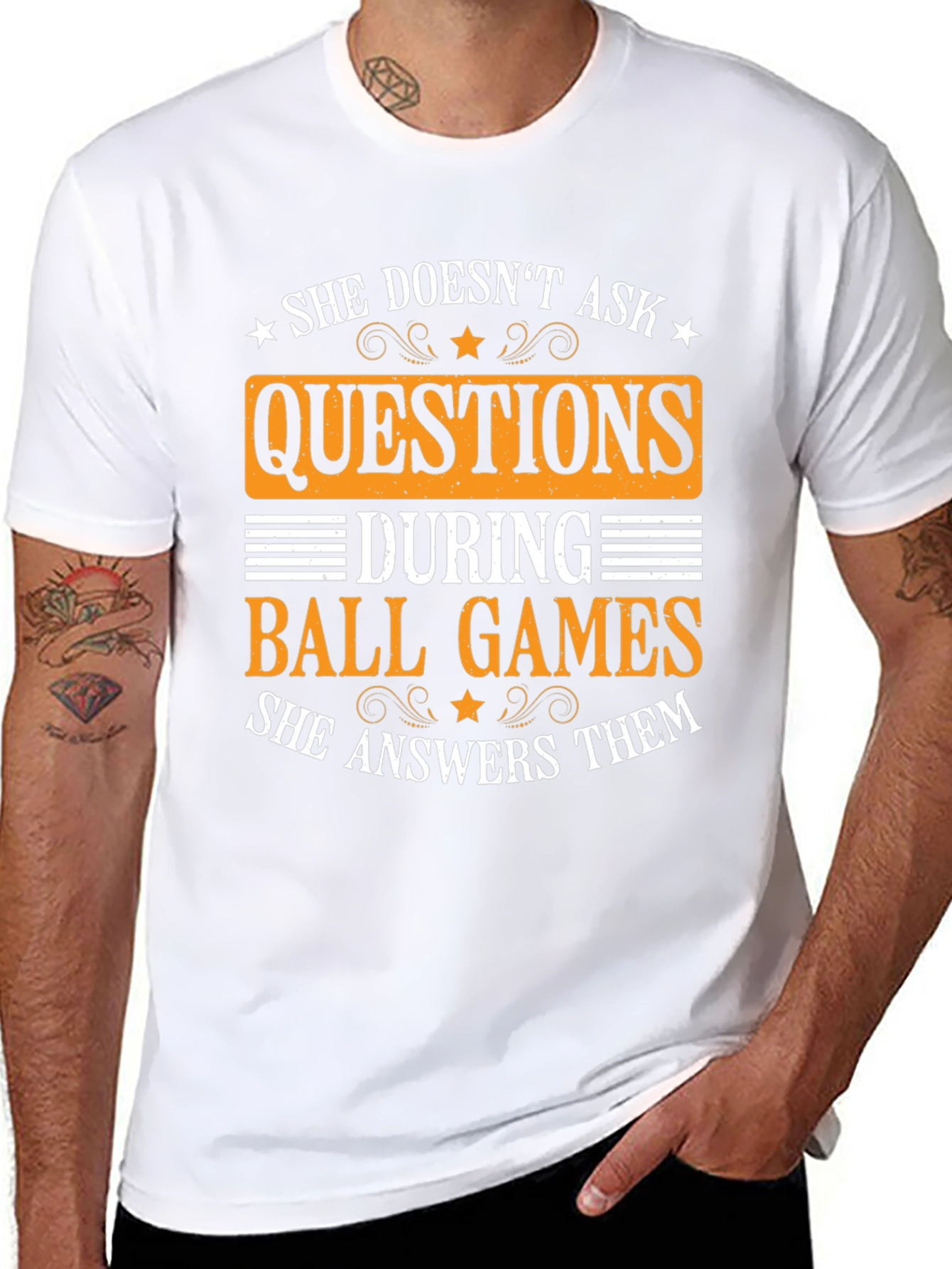 She Doesnt Ask Questions Ball Games T-Shirt