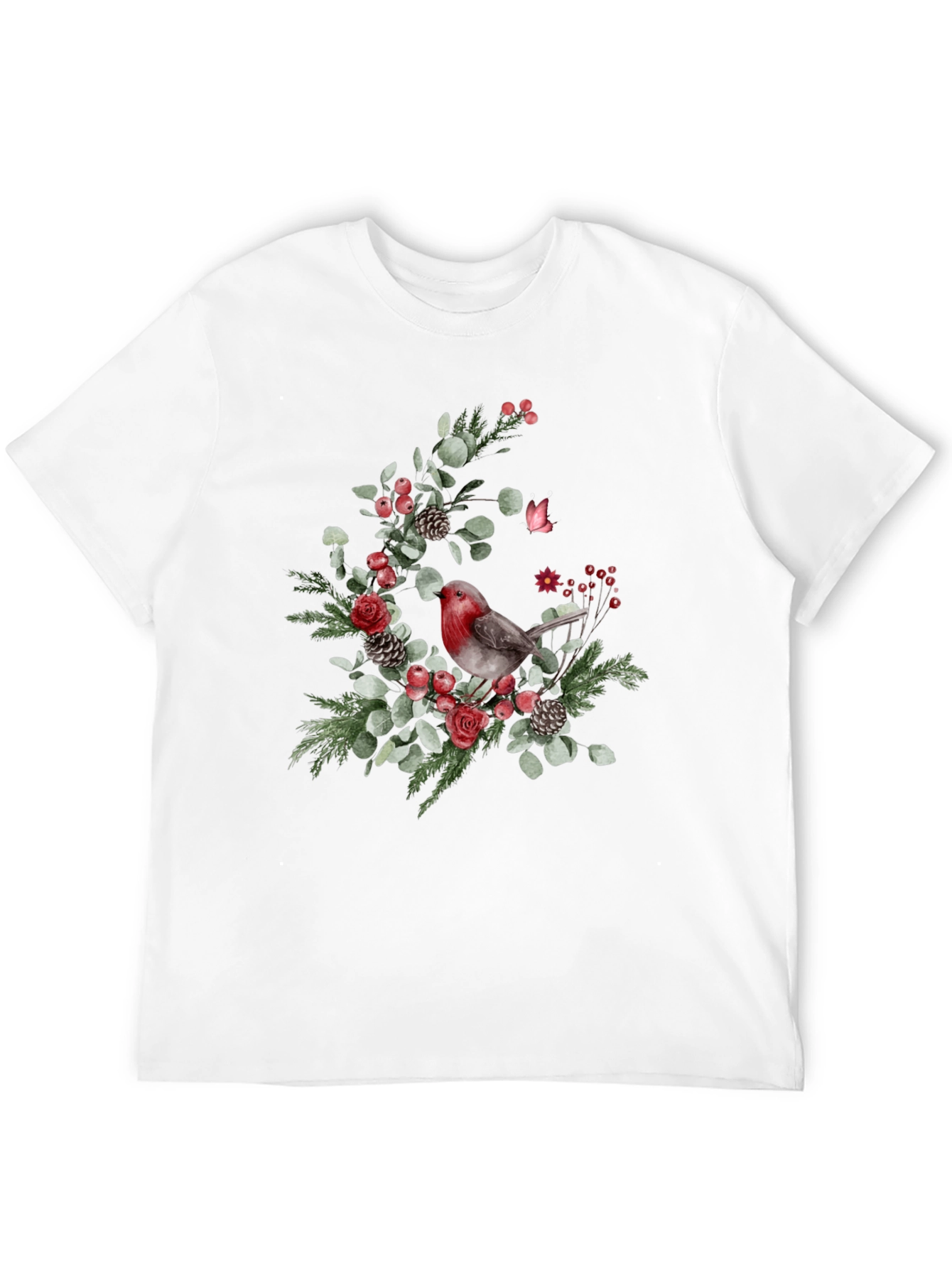 Festive Robin Floral Print Black T-Shirt