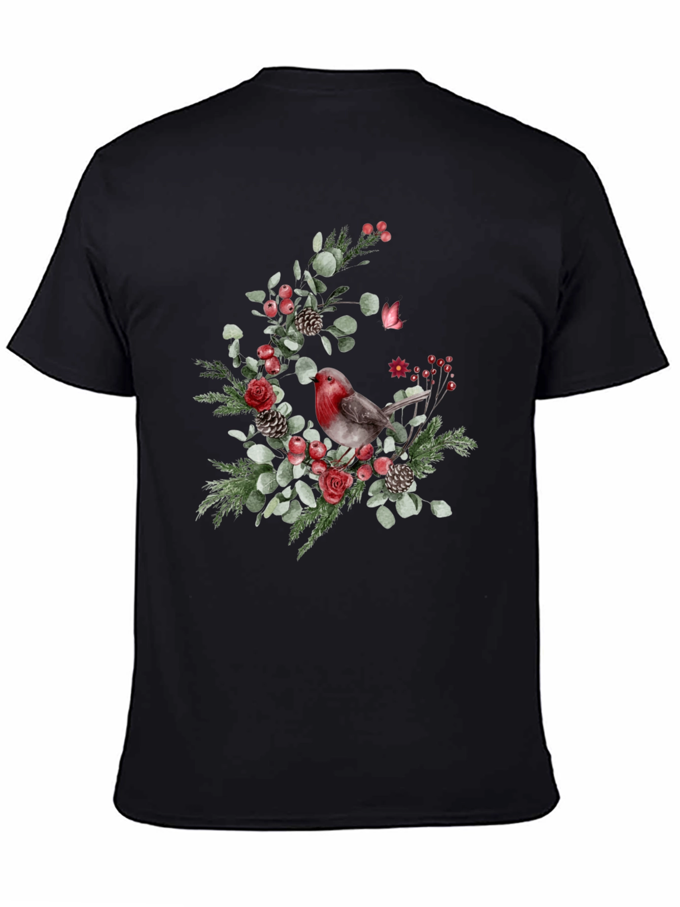 Festive Robin Floral Print Black T-Shirt