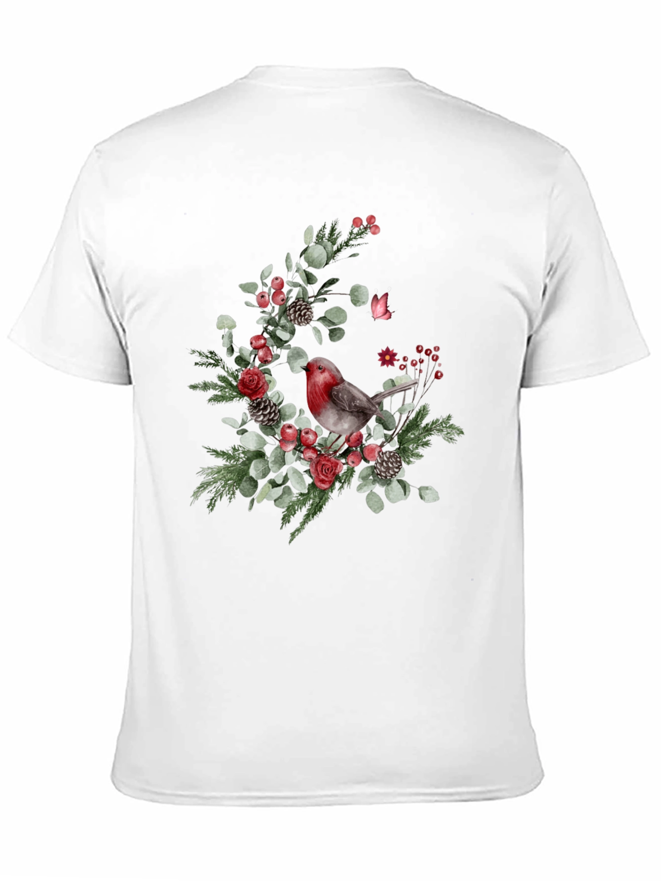 Festive Robin Floral Print Black T-Shirt
