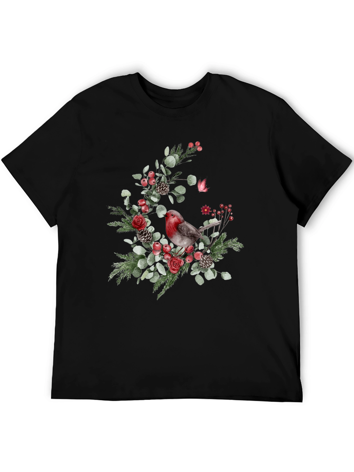 Festive Robin Floral Print Black T-Shirt