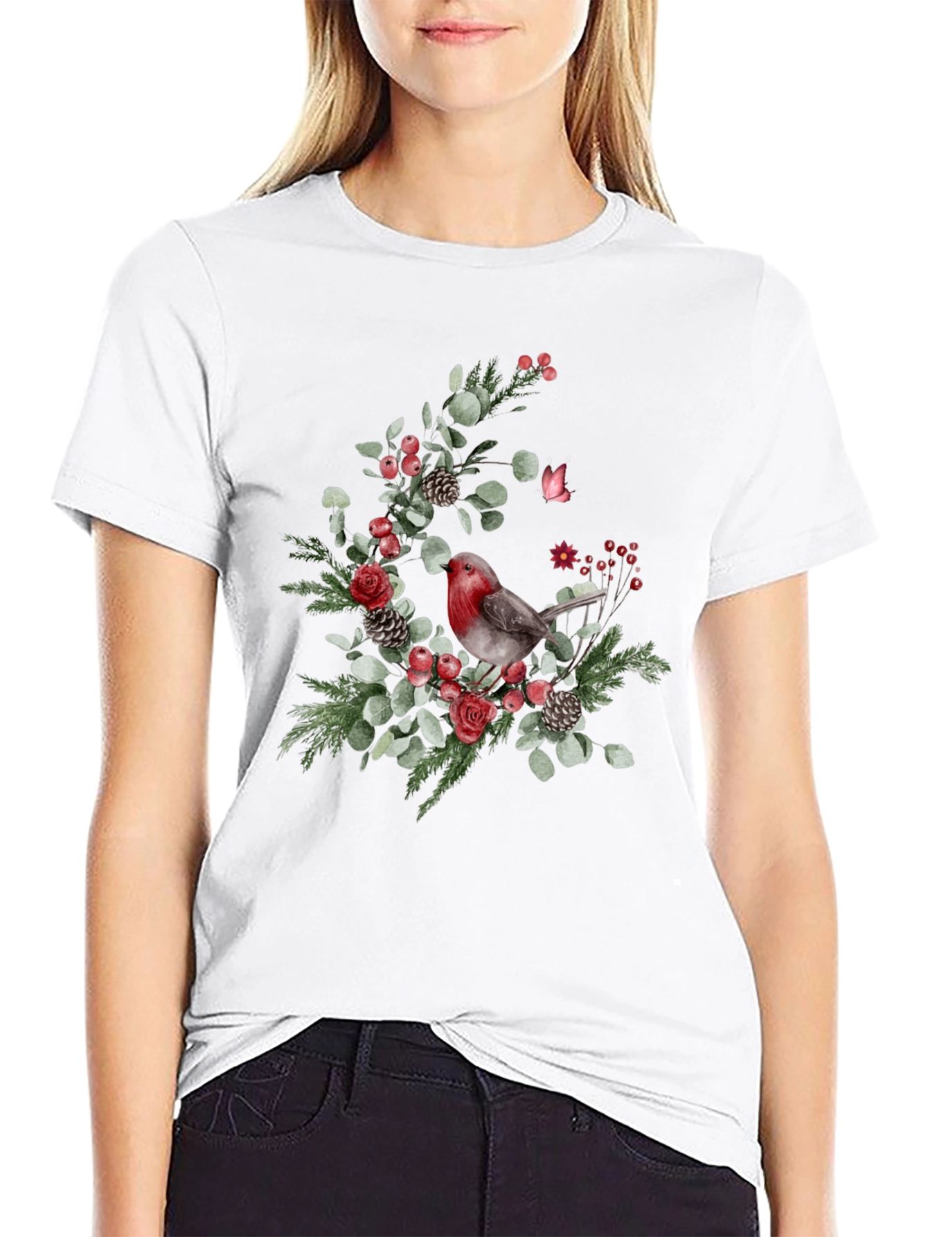 Festive Robin Floral Print Black T-Shirt