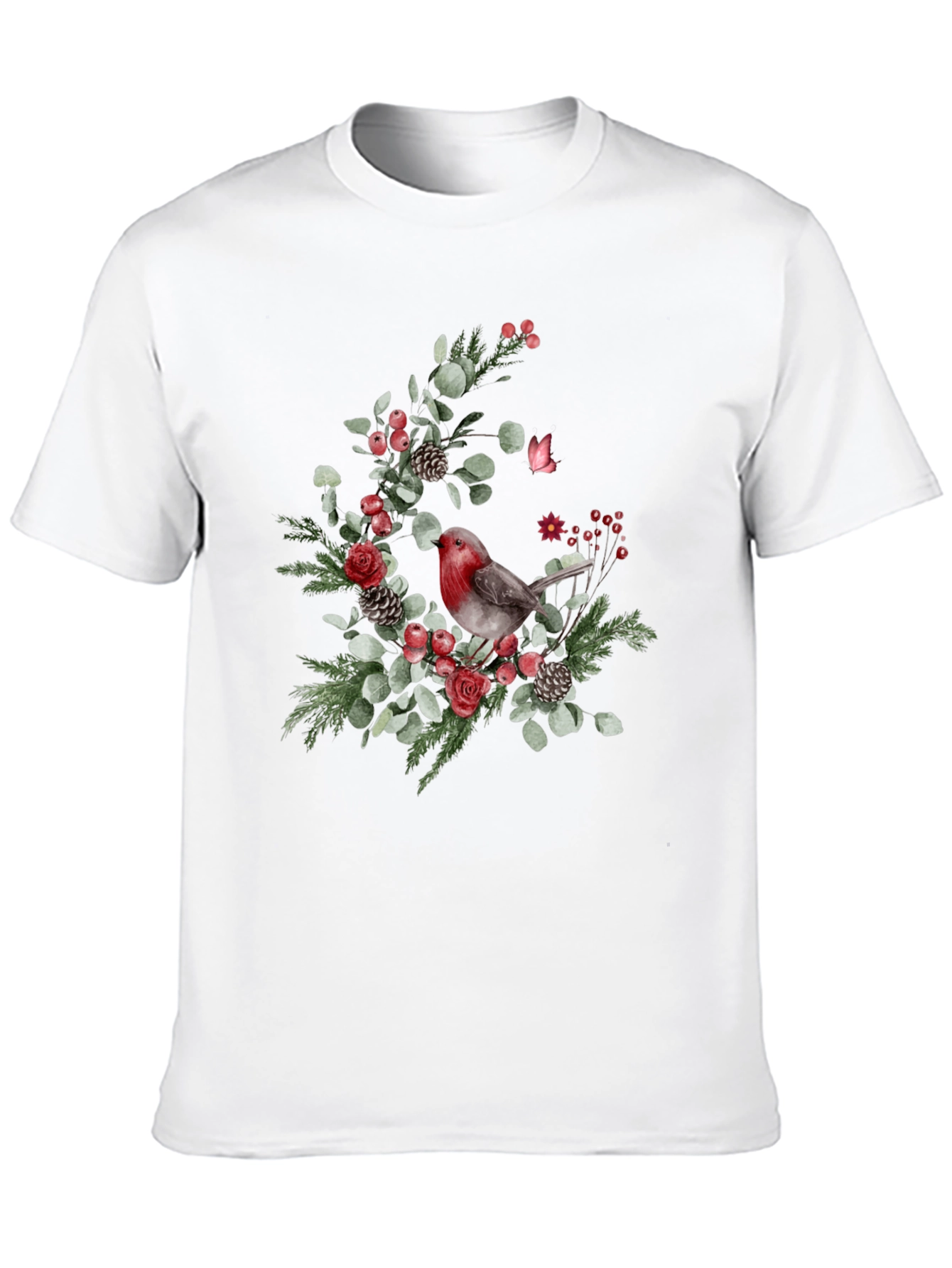 Festive Robin Floral Print Black T-Shirt