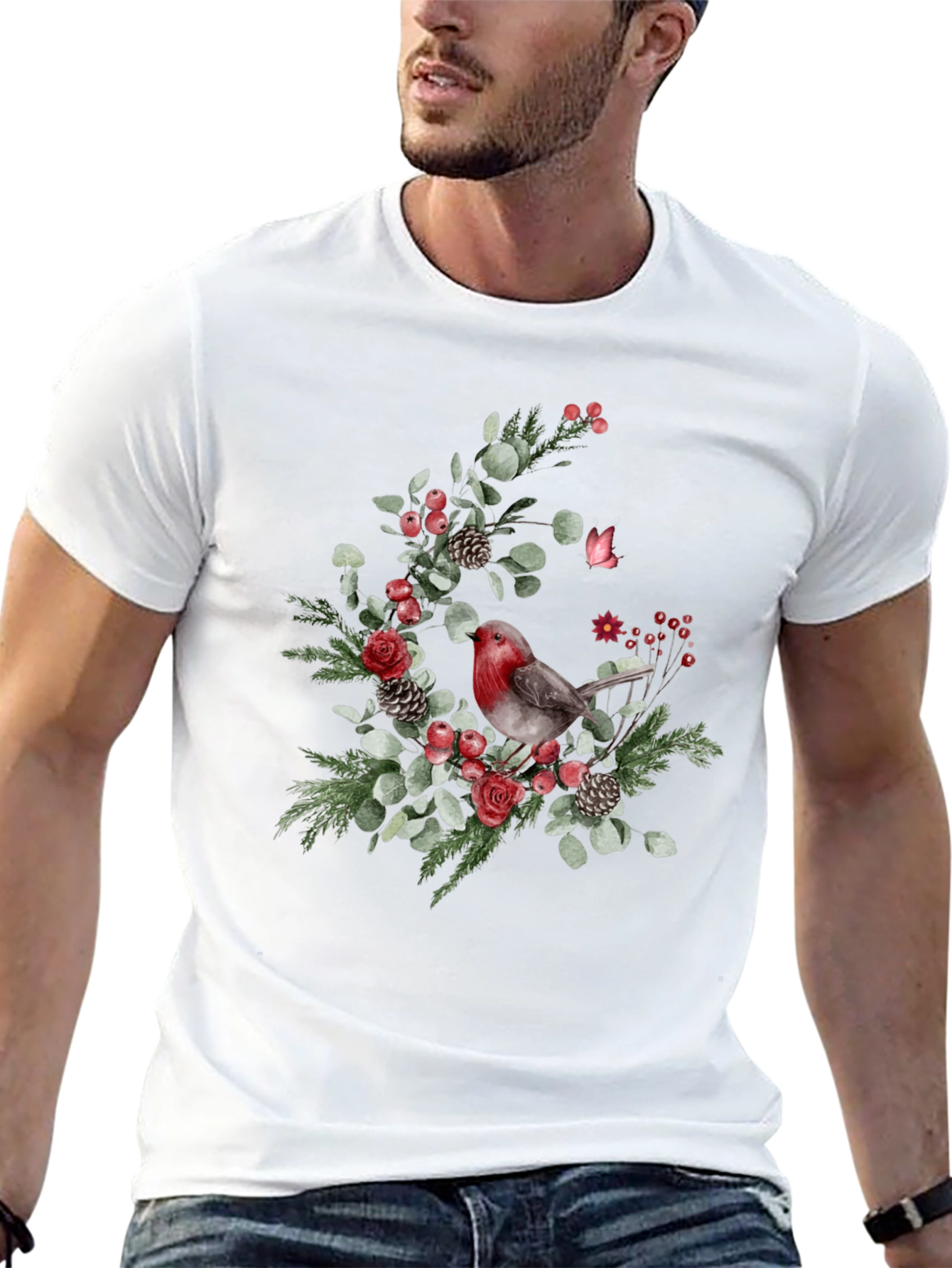 Festive Robin Floral Print Black T-Shirt